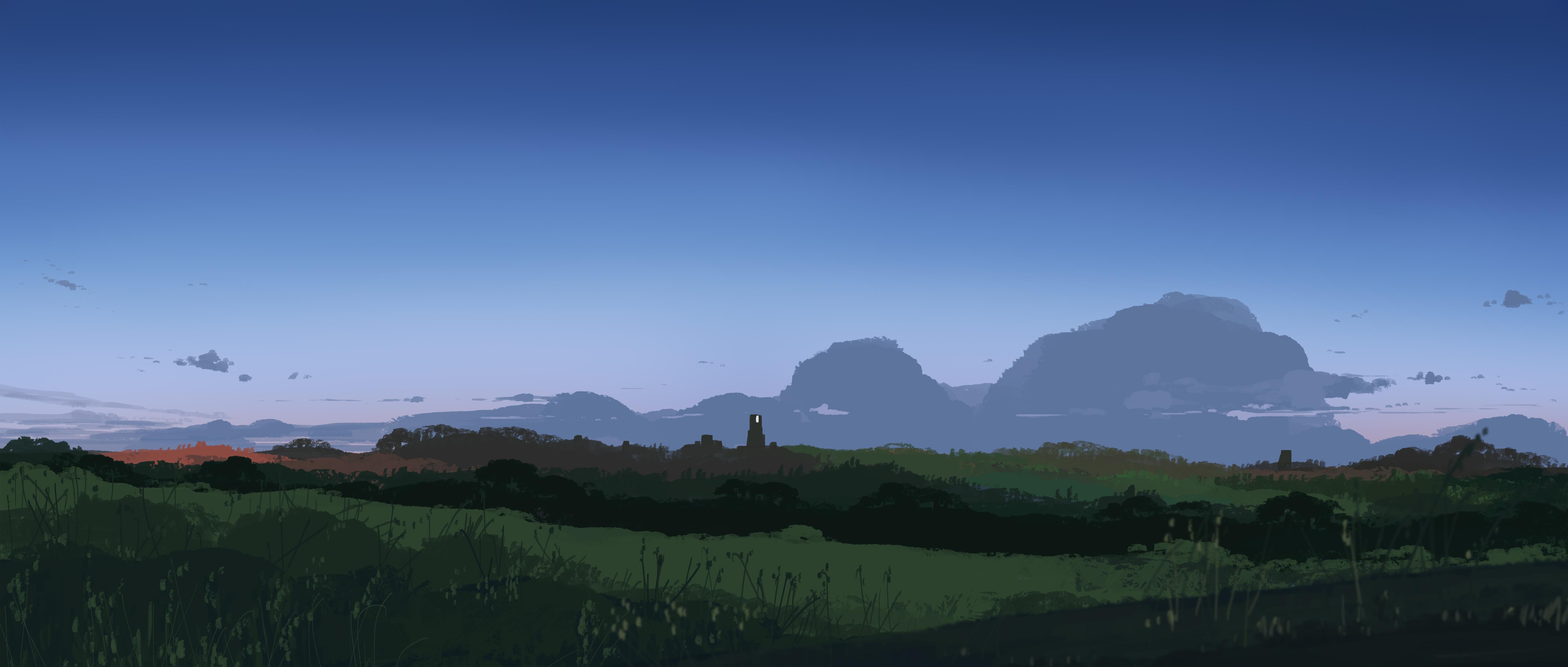 Green Hills Under Dusk Sky - 4K Background Green Hills Under Dusk Sky - Digital Painting 4K Wallpaper (5640x2400)