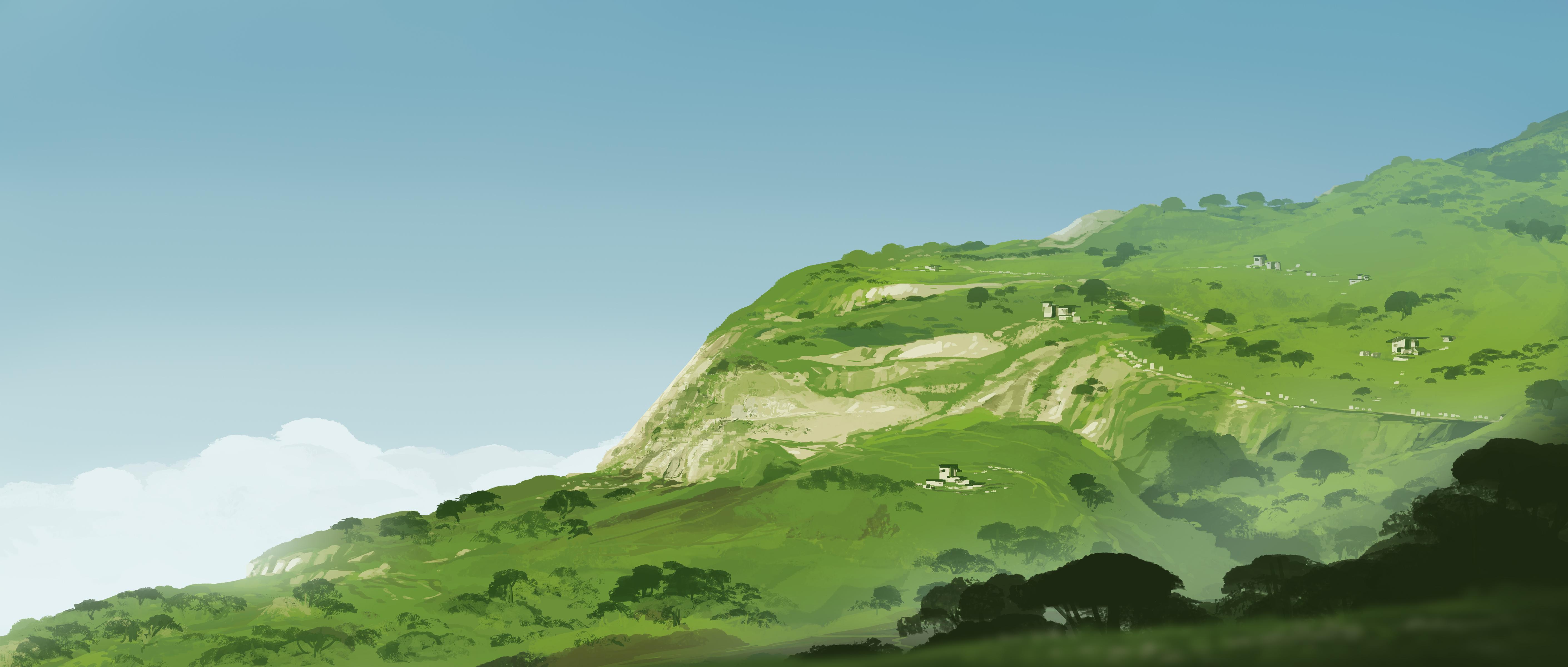 Green Landscape, Mountain Scenery, Digital Illustration, Nature Art Wallpaper in 4K resolution (5640x2400) Green Landscape, Mountain Scenery, Digital Illustration, Nature Art 4K Wallpaper Background (5640x2400)