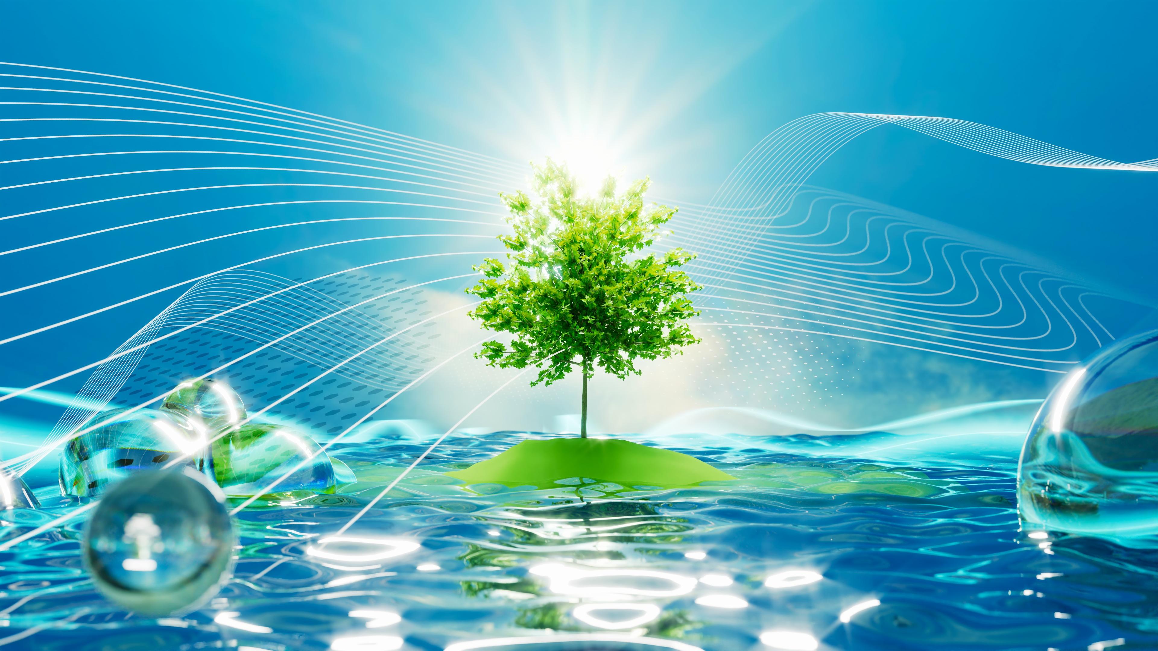 Green Tree on Water Island - 4K Background Green Tree on Water Island - 3D Digital Art 4K Wallpaper (3840x2160)