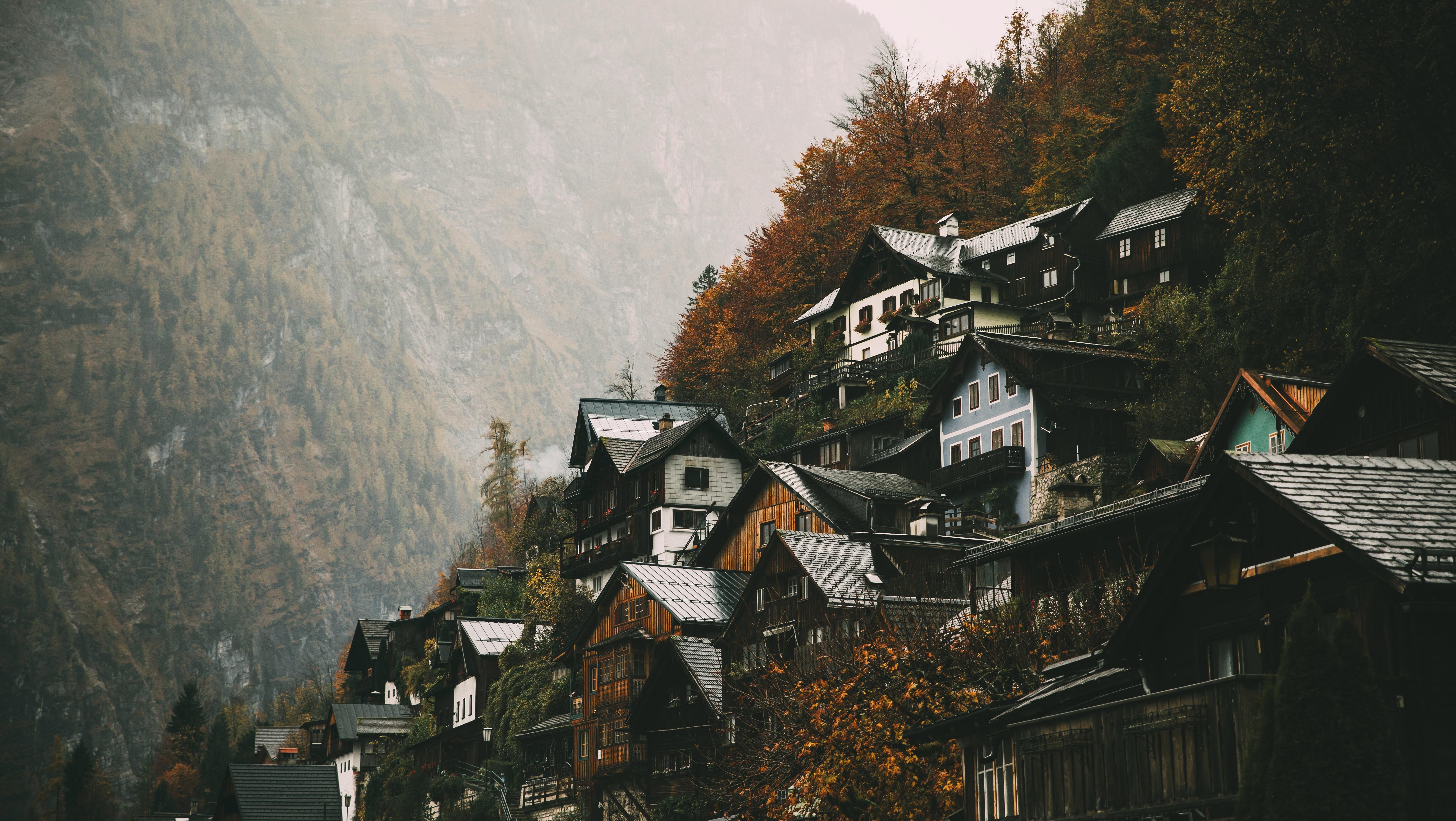 Hallstatt, Austria, Mountain Village, Autumn Landscape Wallpaper in 5K resolution (6143x3465) Hallstatt, Austria, Mountain Village, Autumn Landscape 5K Wallpaper Background (6143x3465)