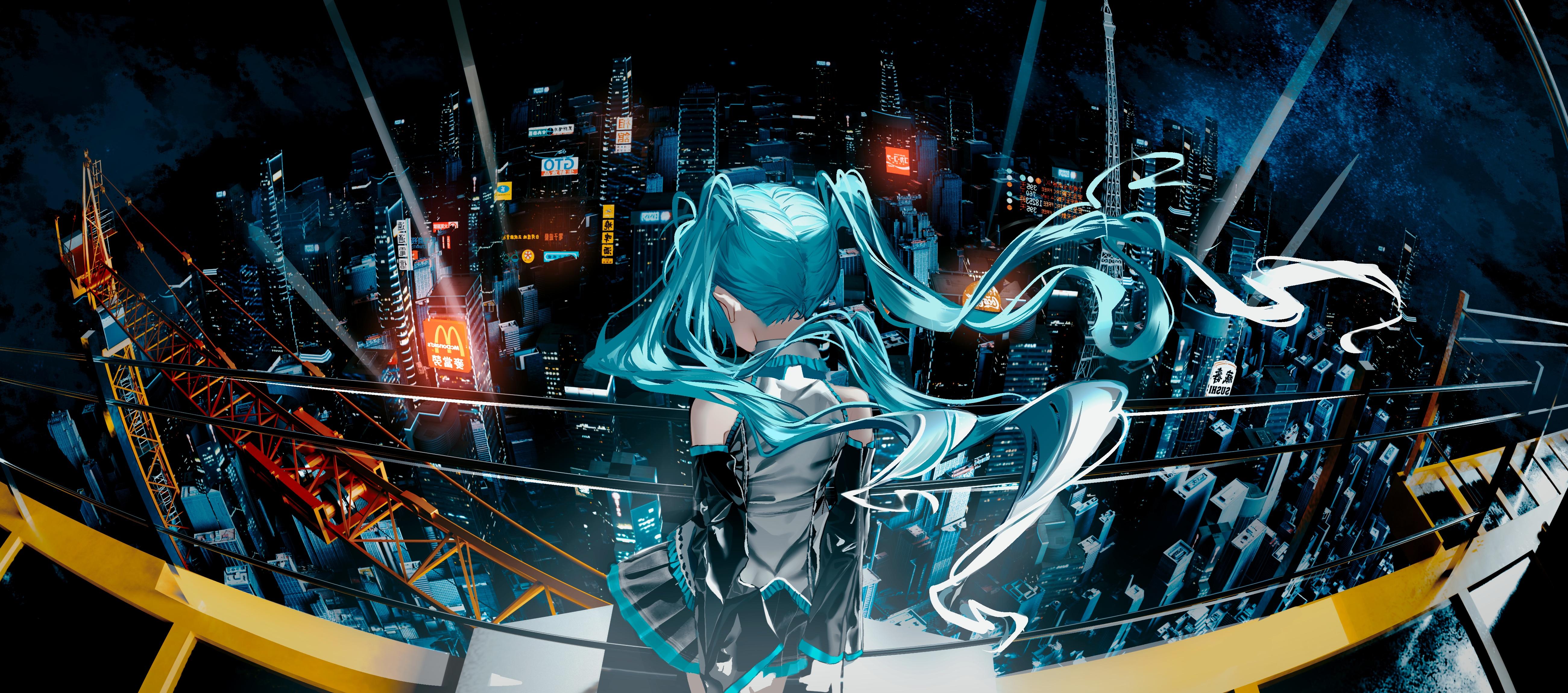Hatsune Miku Overlooking The City - 4K Background Hatsune Miku Overlooking The City - Anime Illustration 4K Wallpaper (5202x2299)