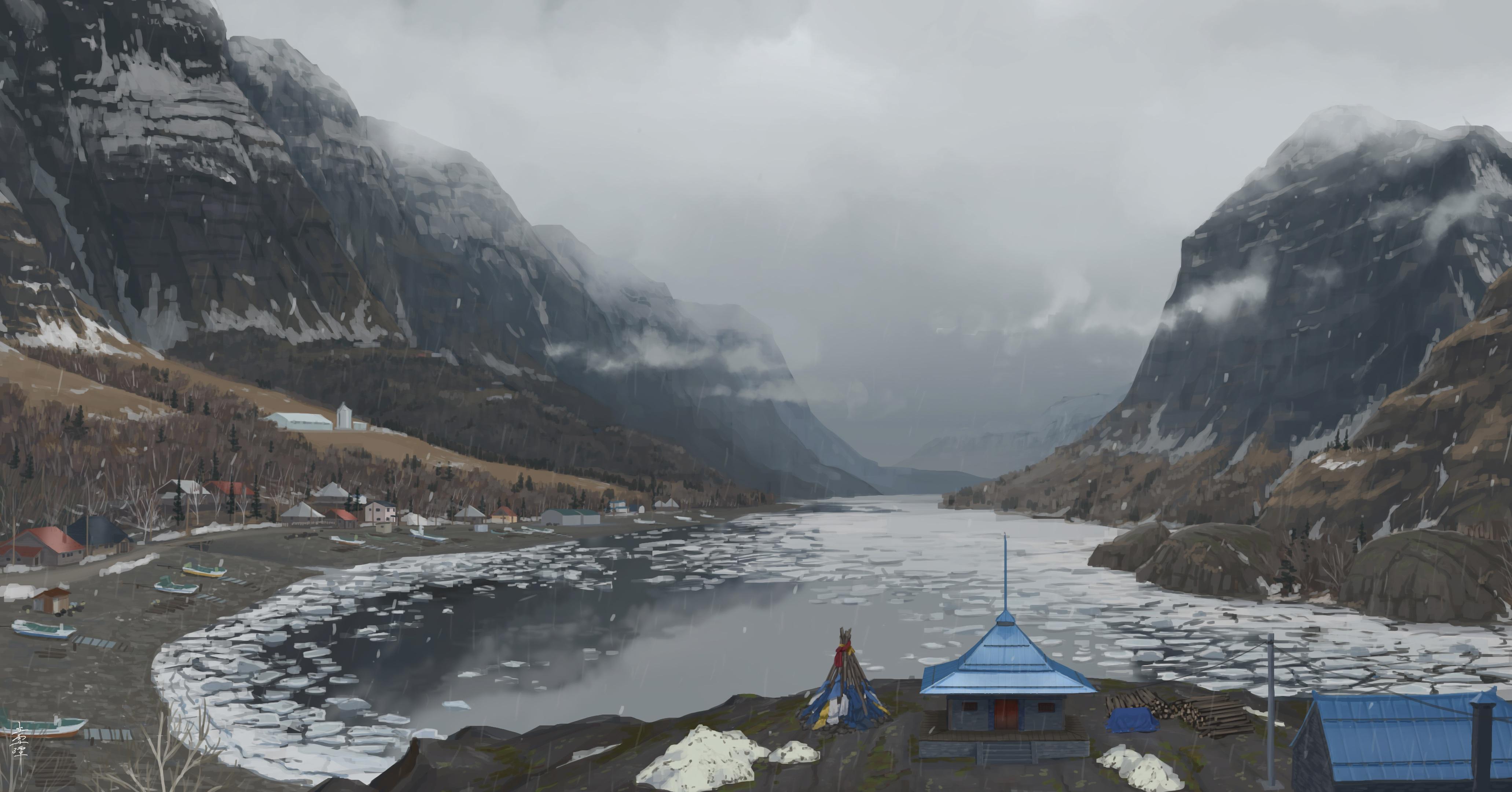 Icy Village In Mountain Fjord - 4K Background Icy Village In Mountain Fjord - Digital Concept Art 4K Wallpaper (4124x2160)