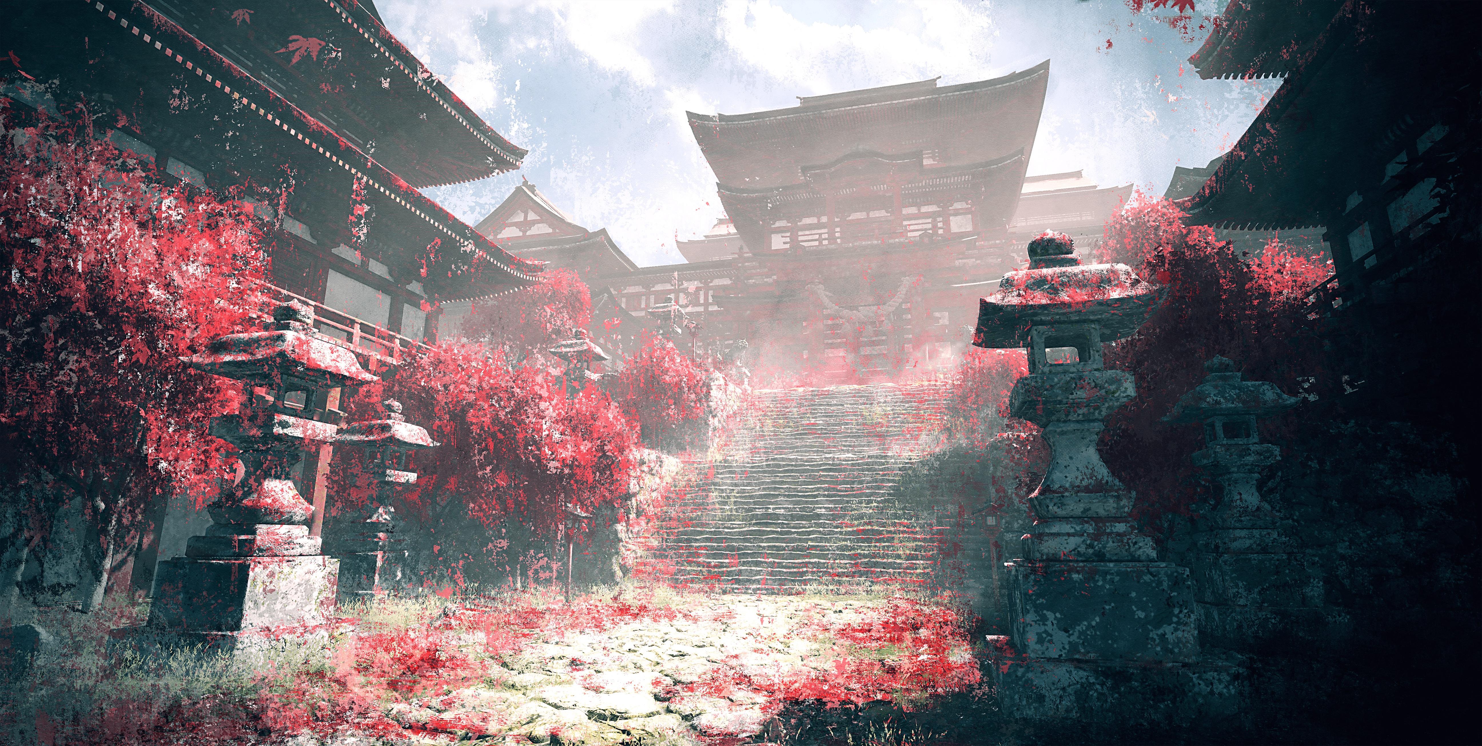 Japanese Architecture, Asian Temple, Red Leaves, Stone Lanterns Wallpaper in 4K resolution (5184x2610) Japanese Architecture, Asian Temple, Red Leaves, Stone Lanterns 4K Wallpaper Background (5184x2610)