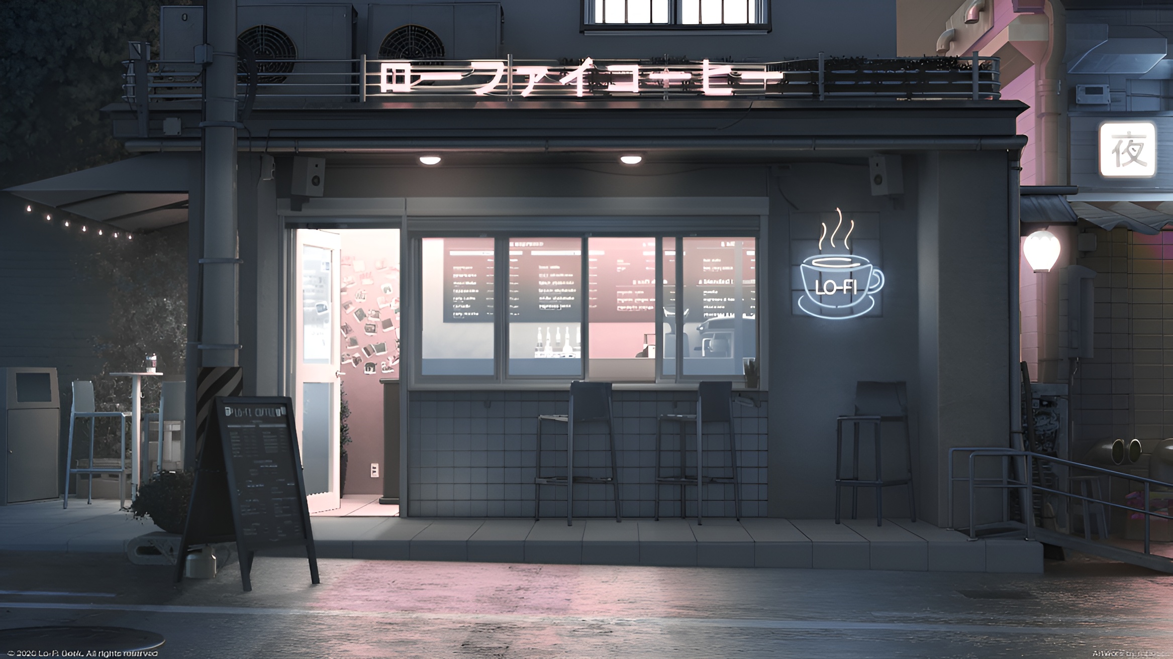 Japanese Cafe, Night, Neon Sign, Street View Wallpaper in Full HD resolution (2334x1312) Japanese Cafe, Night, Neon Sign, Street View Full HD Wallpaper Background (2334x1312)