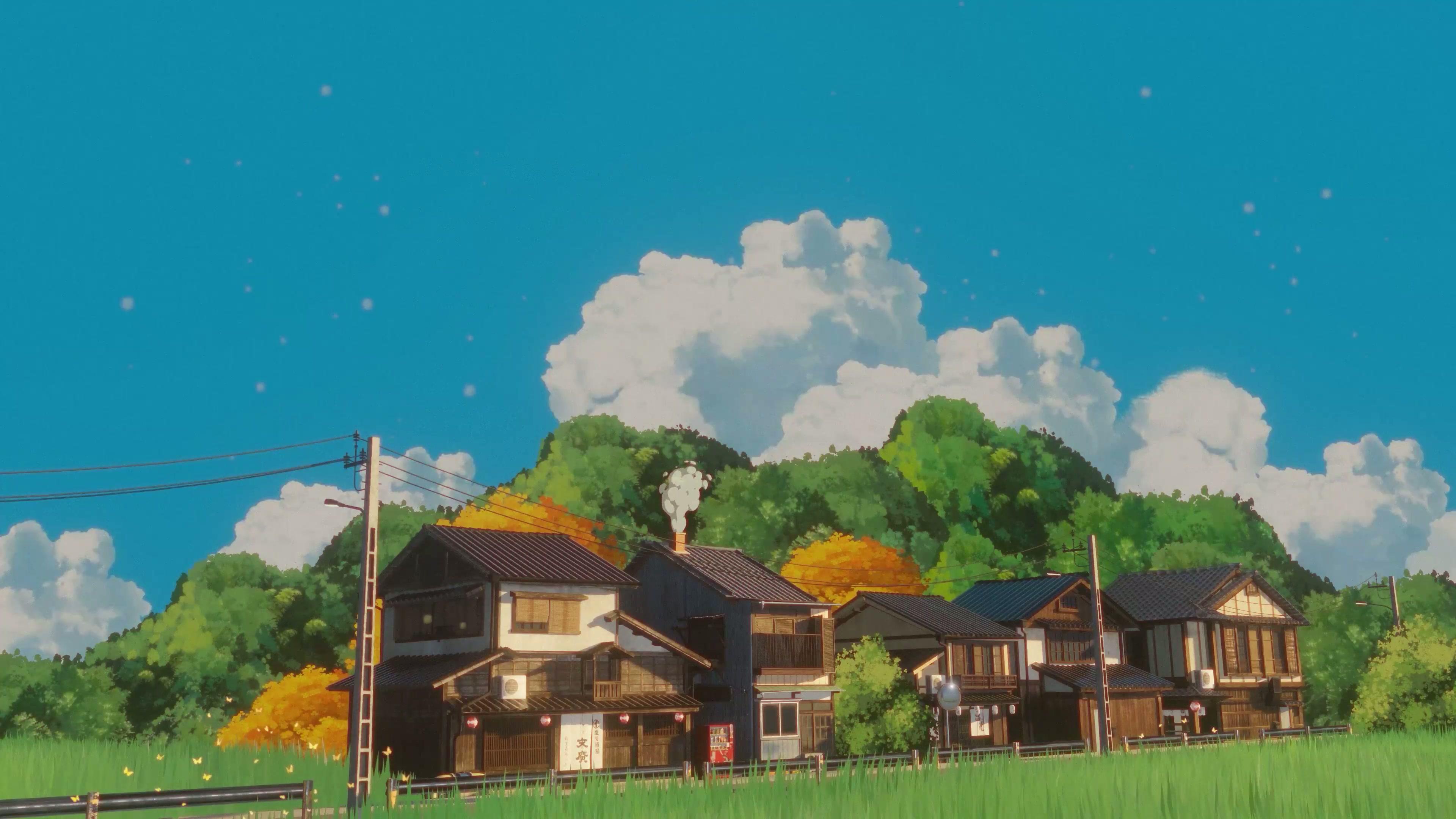 Japanese Countryside Anime Village - 4K Background Japanese Countryside Anime Village - Anime Illustration 4K Wallpaper (3840x2160)
