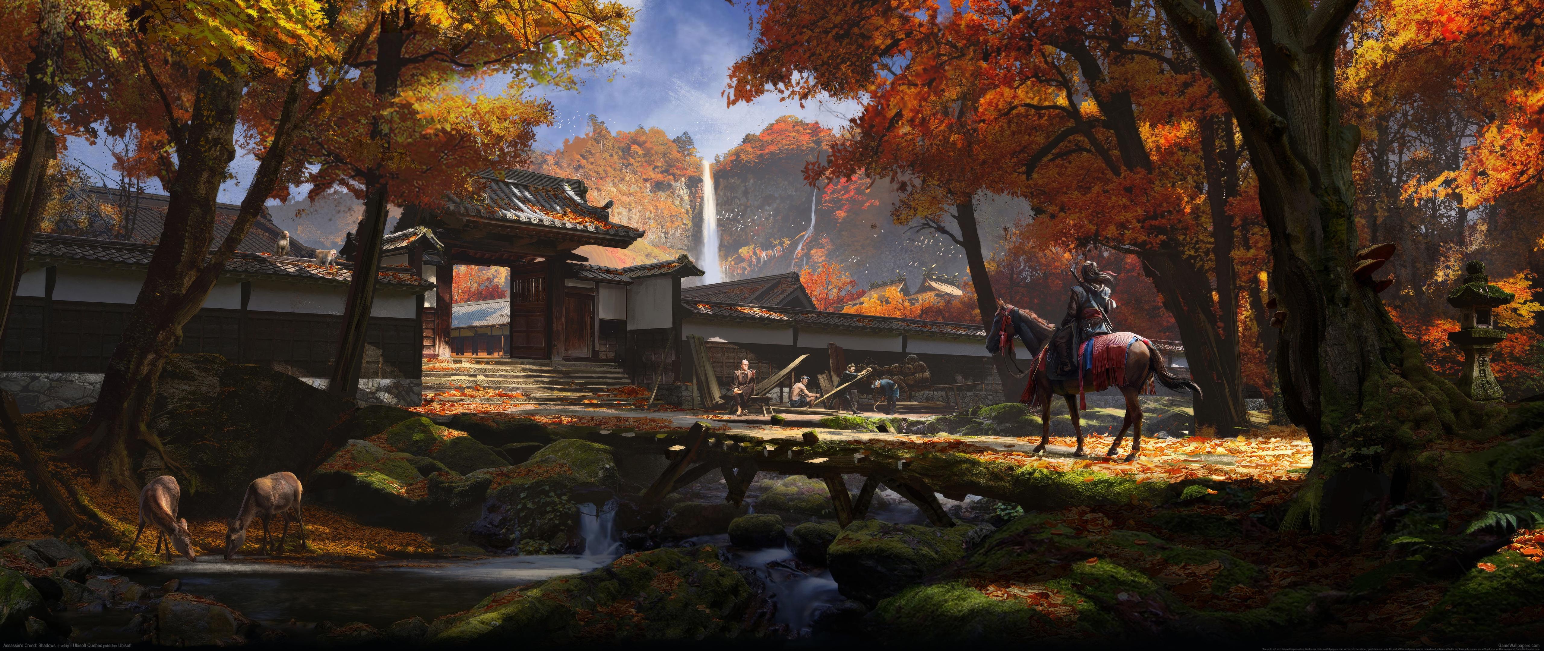 Japanese Landscape, Autumn Foliage, Waterfall, Samurai Wallpaper in 4K resolution (5120x2160) Japanese Landscape, Autumn Foliage, Waterfall, Samurai 4K Wallpaper Background (5120x2160)