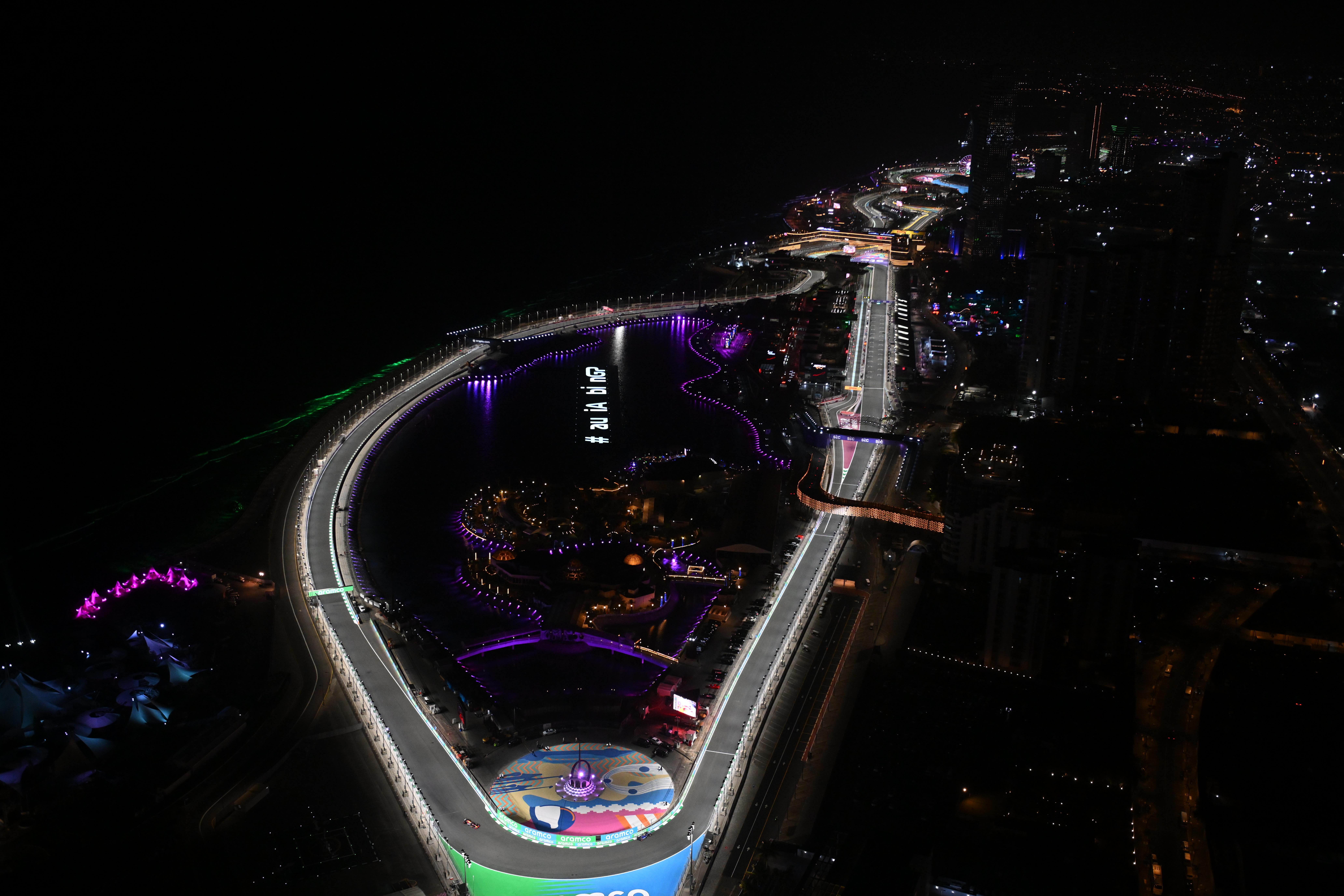Jeddah Corniche Circuit at Night - 8K Background Jeddah Corniche Circuit at Night - Aerial Photography 8K Wallpaper (8256x5504)
