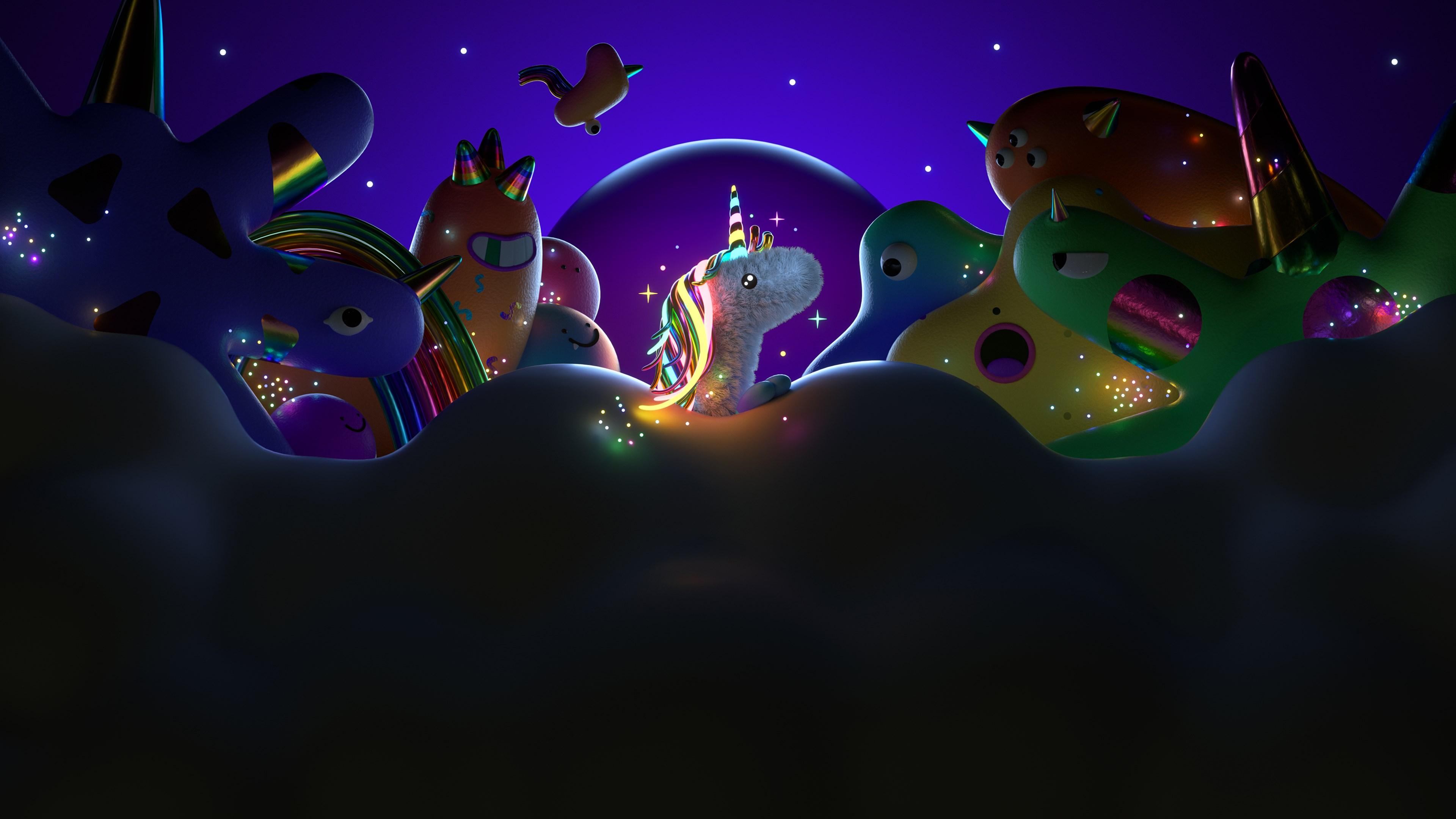 Little Unicorn with Colorful Monsters - 4K Background Little Unicorn with Colorful Monsters - 3D Digital Art 4K Wallpaper (3840x2160)