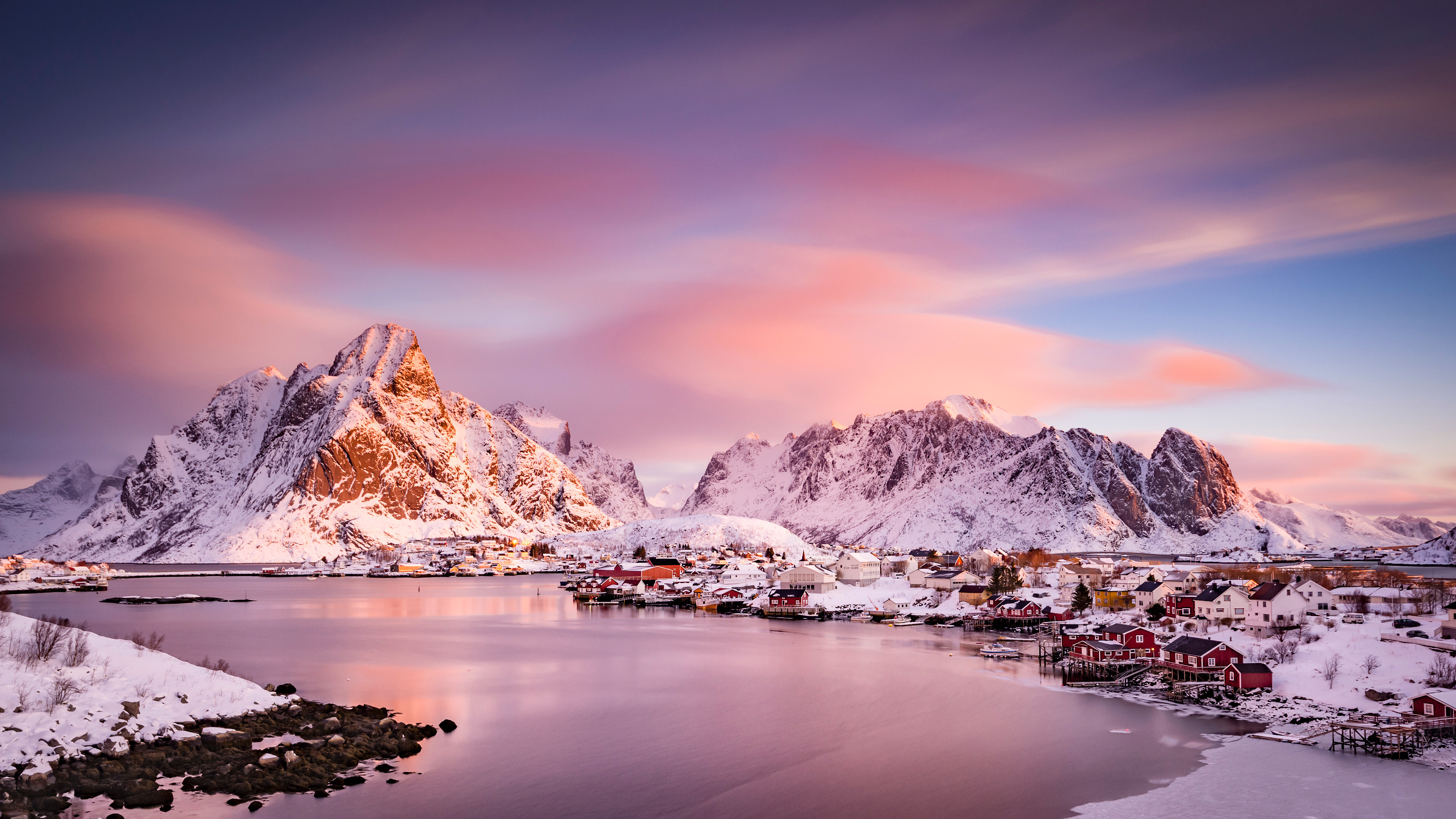 Lofoten Islands, Norway, Winter Landscape, Mountain Scenery Wallpaper in 4K resolution (3840x2160) Lofoten Islands, Norway, Winter Landscape, Mountain Scenery 4K Wallpaper Background (3840x2160)