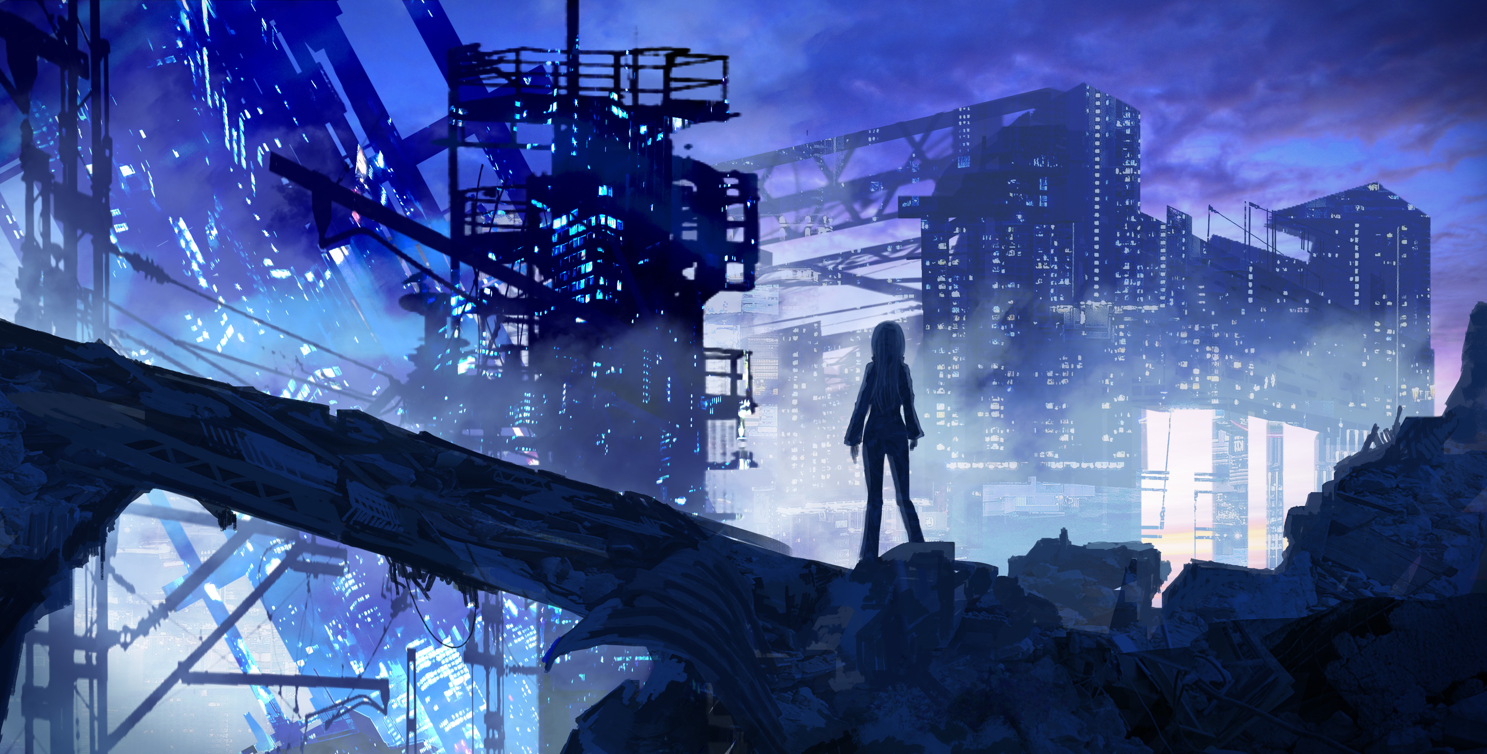 Lone Girl In Cyberpunk City - 4K Background Lone Girl In Cyberpunk City - Digital Concept Art 4K Wallpaper (5031x2551)