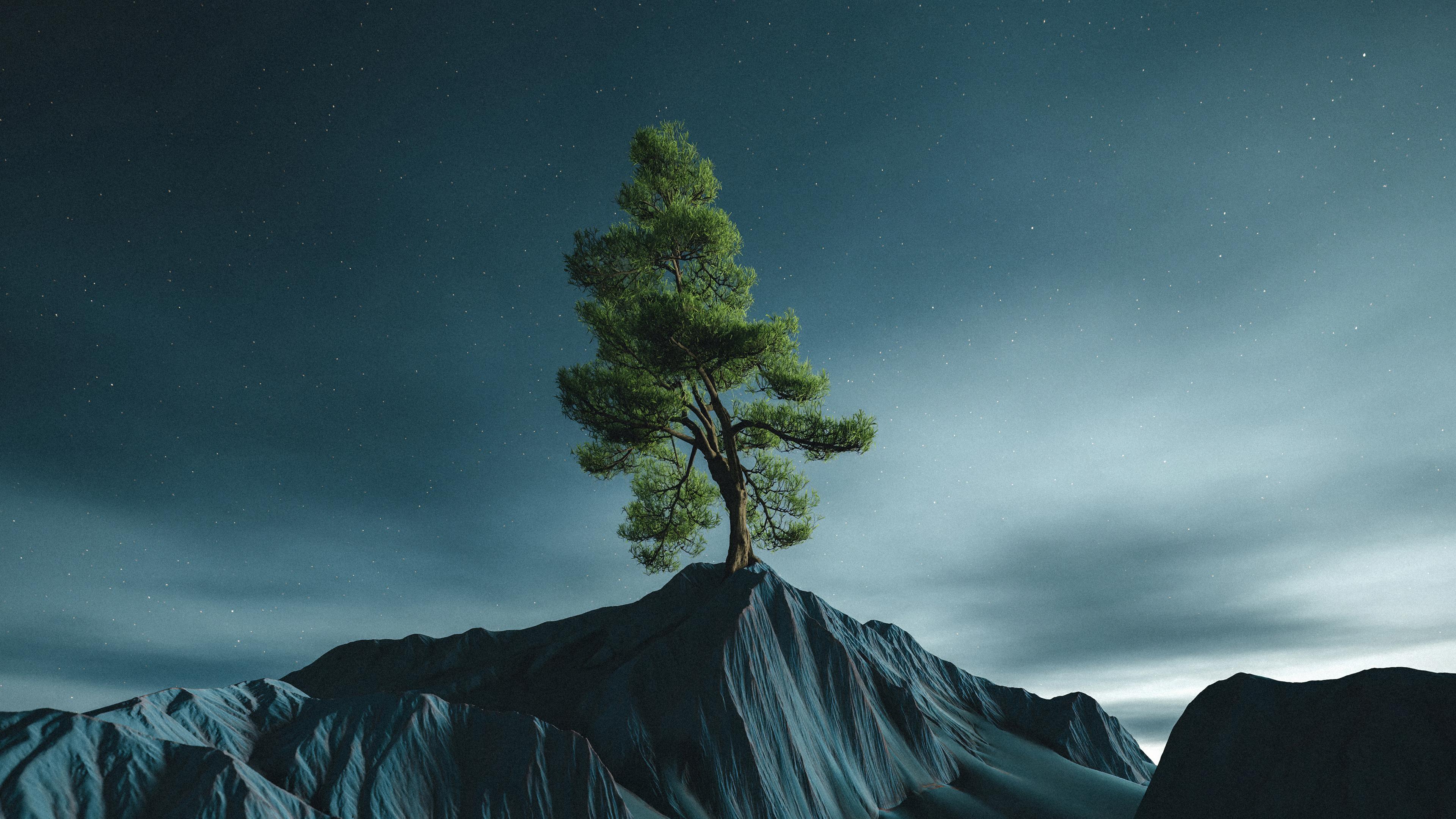 Lone Tree Under Starry Sky - 4K Background Lone Tree Under Starry Sky - 3D Digital Art 4K Wallpaper (3840x2160)