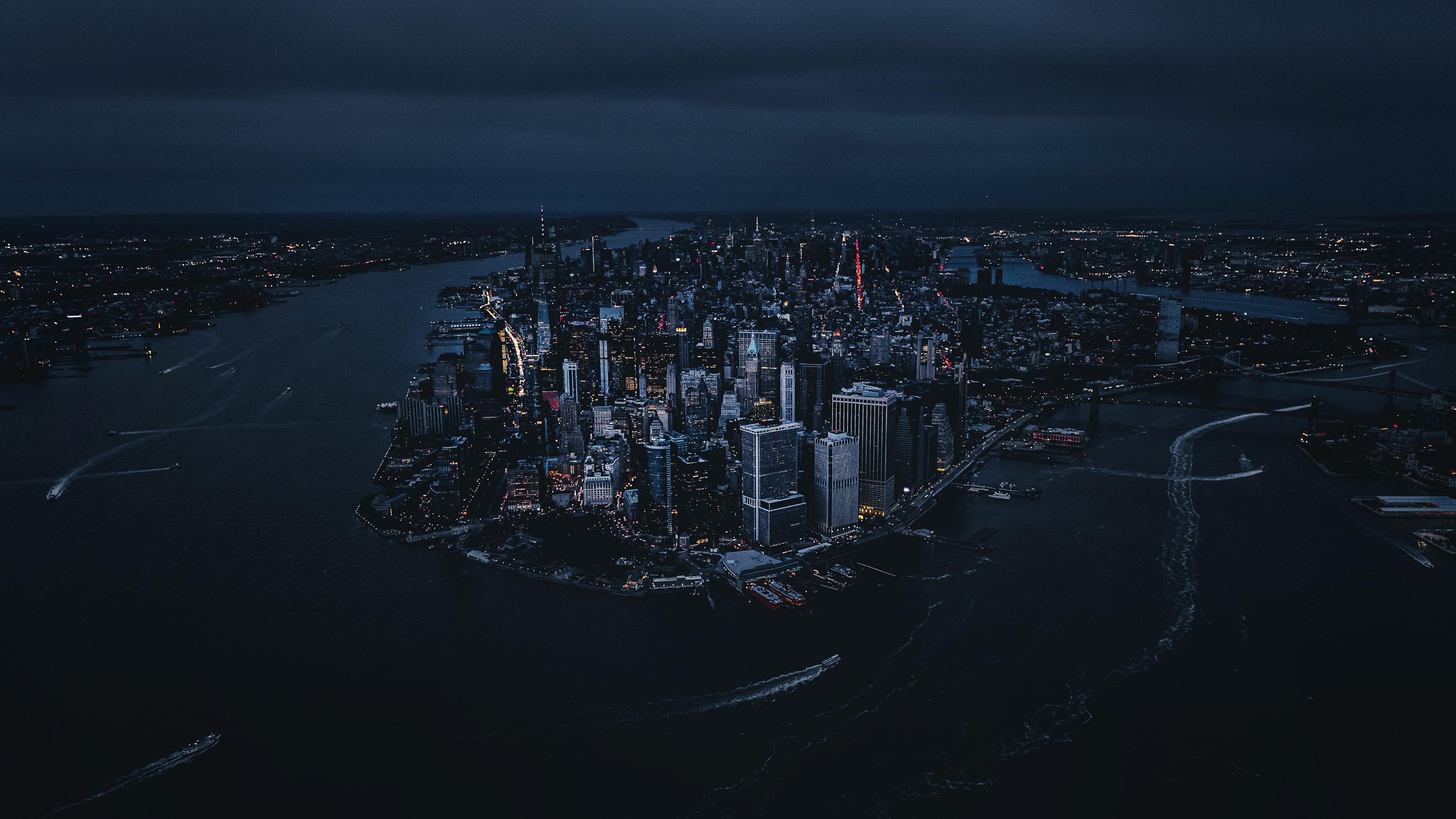Lower Manhattan At Night - 4K Background Lower Manhattan At Night - Aerial City Photography 4K Wallpaper (3840x2160)