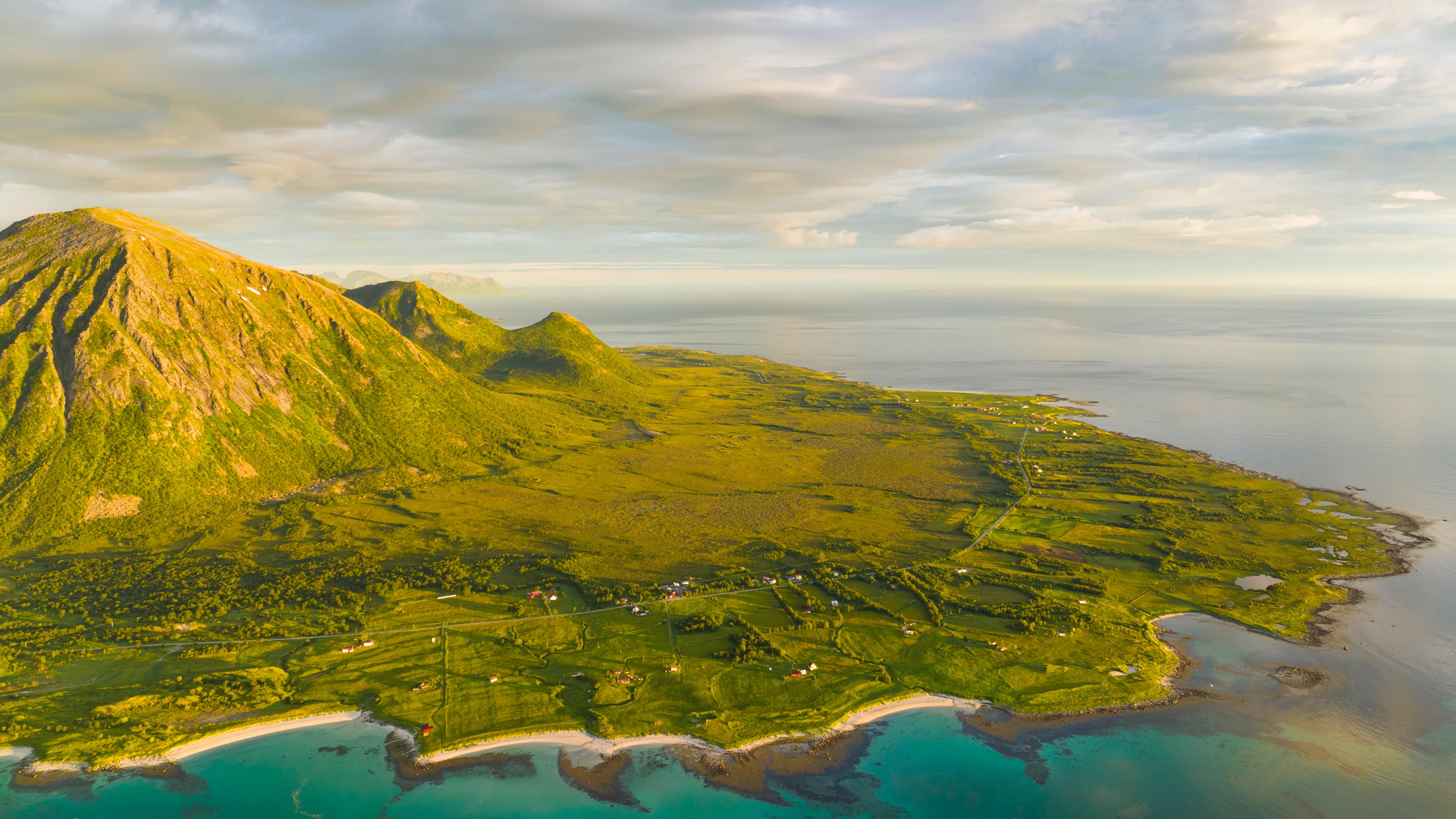 Lush Coastal Mountain Landscape - 5K Background Lush Coastal Mountain Landscape - Aerial Landscape Photography 5K Wallpaper (5120x2880)