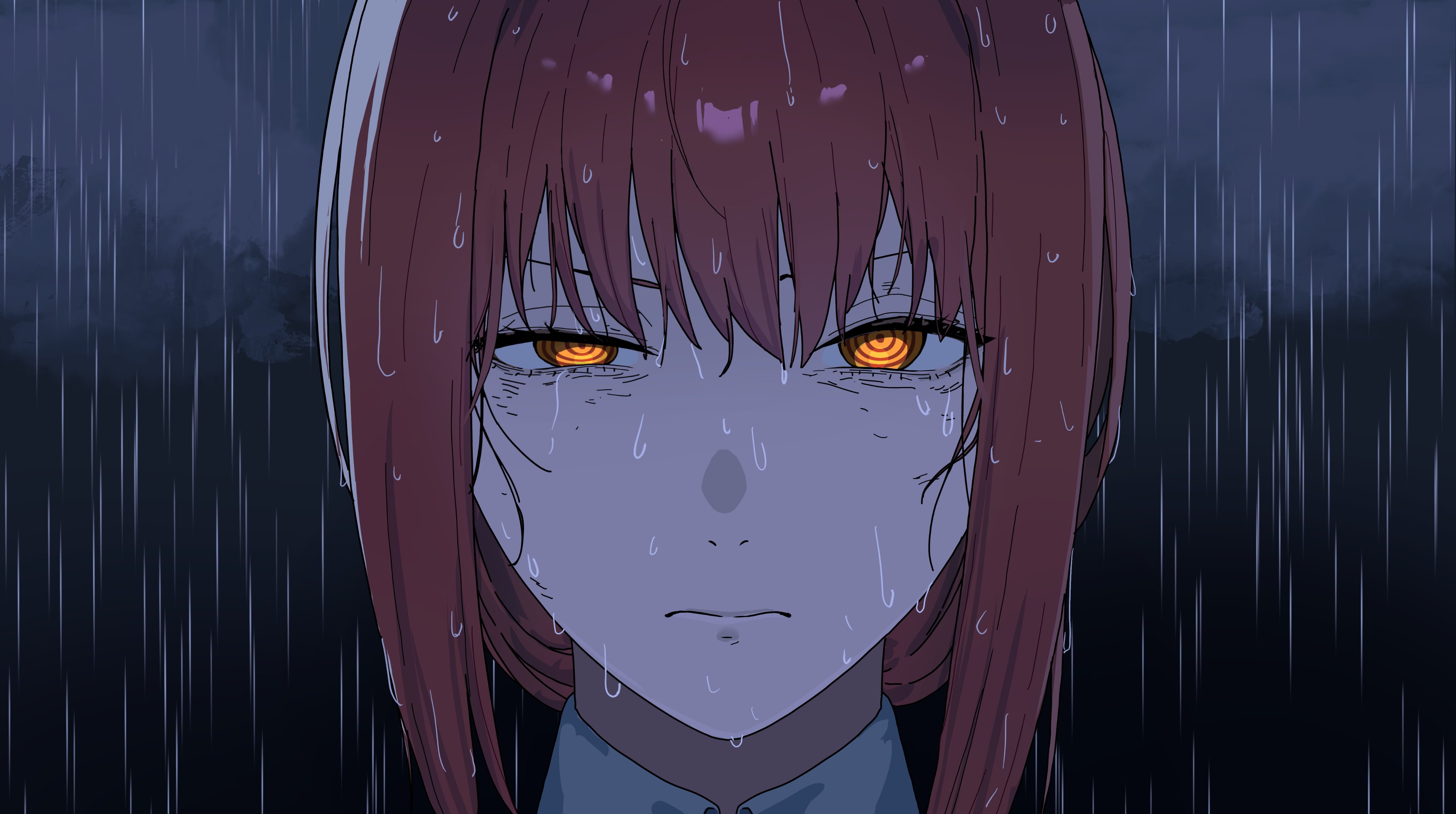 Makima's Intense Rainy Night Look - 4K Background Makima's Intense Rainy Night Look - Digital Illustration 4K Wallpaper (4096x2290)