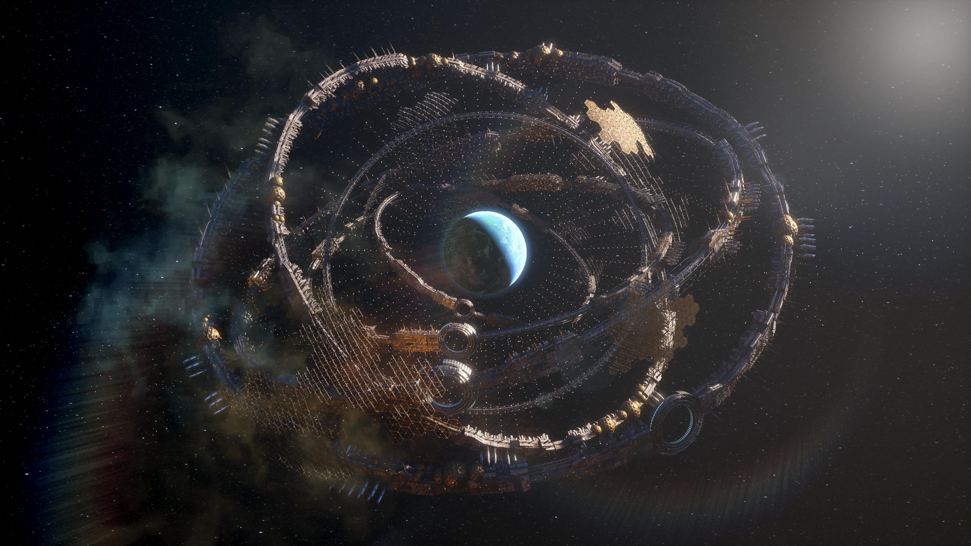 Massive Orbital Ring Around Planet - 4K Background Massive Orbital Ring Around Planet - Sci-Fi Digital Art 4K Wallpaper (3840x2160)
