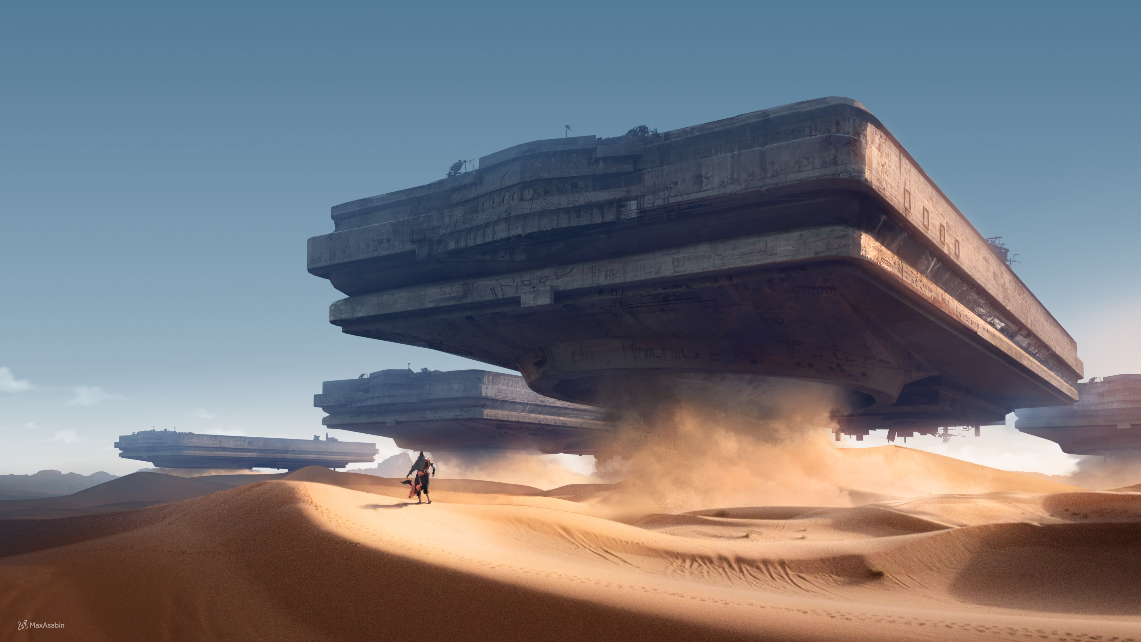 Massive Vessels Hover Over Desert Dunes - 4K Background Massive Vessels Hover Over Desert Dunes - Sci-Fi Concept Art 4K Wallpaper (3840x2160)