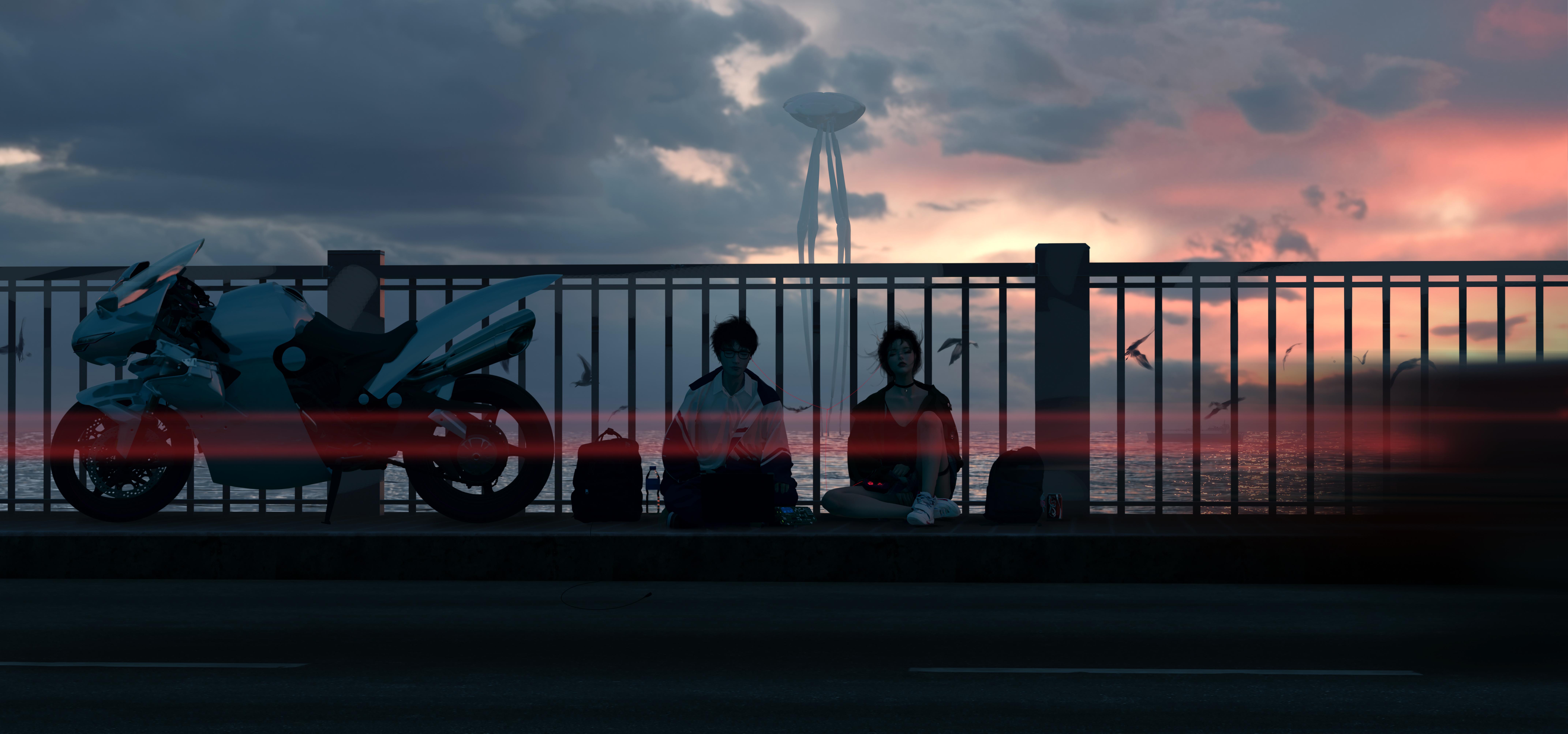 Motorcycle Duo on Sunset Bridge - 5K Background Motorcycle Duo on Sunset Bridge - Cinematic Digital Art 5K Wallpaper (8571x4011)