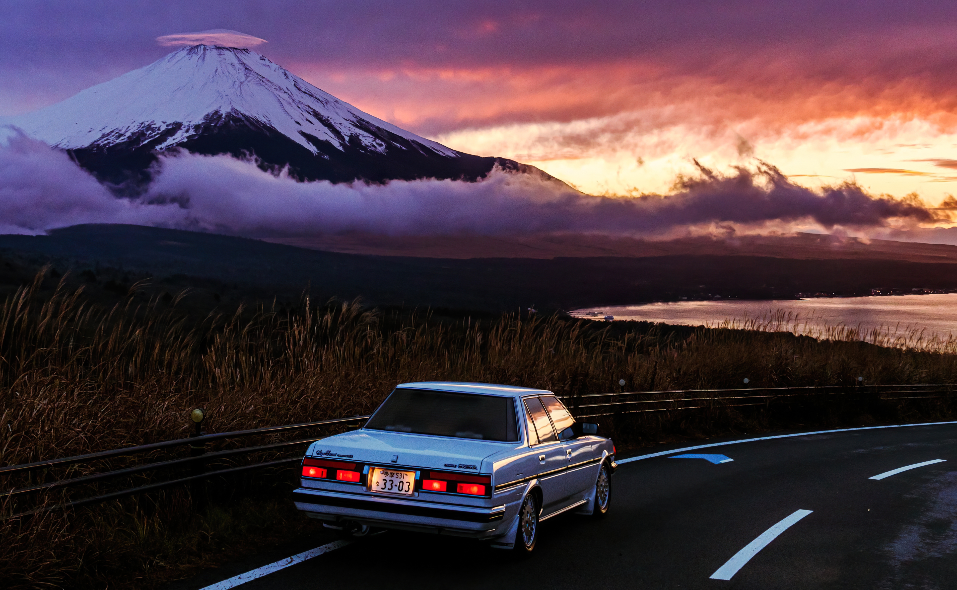 Mount Fuji, Classic Car, Sunset, Road Trip Wallpaper in 4K resolution (3842x2367) Mount Fuji, Classic Car, Sunset, Road Trip 4K Wallpaper Background (3842x2367)
