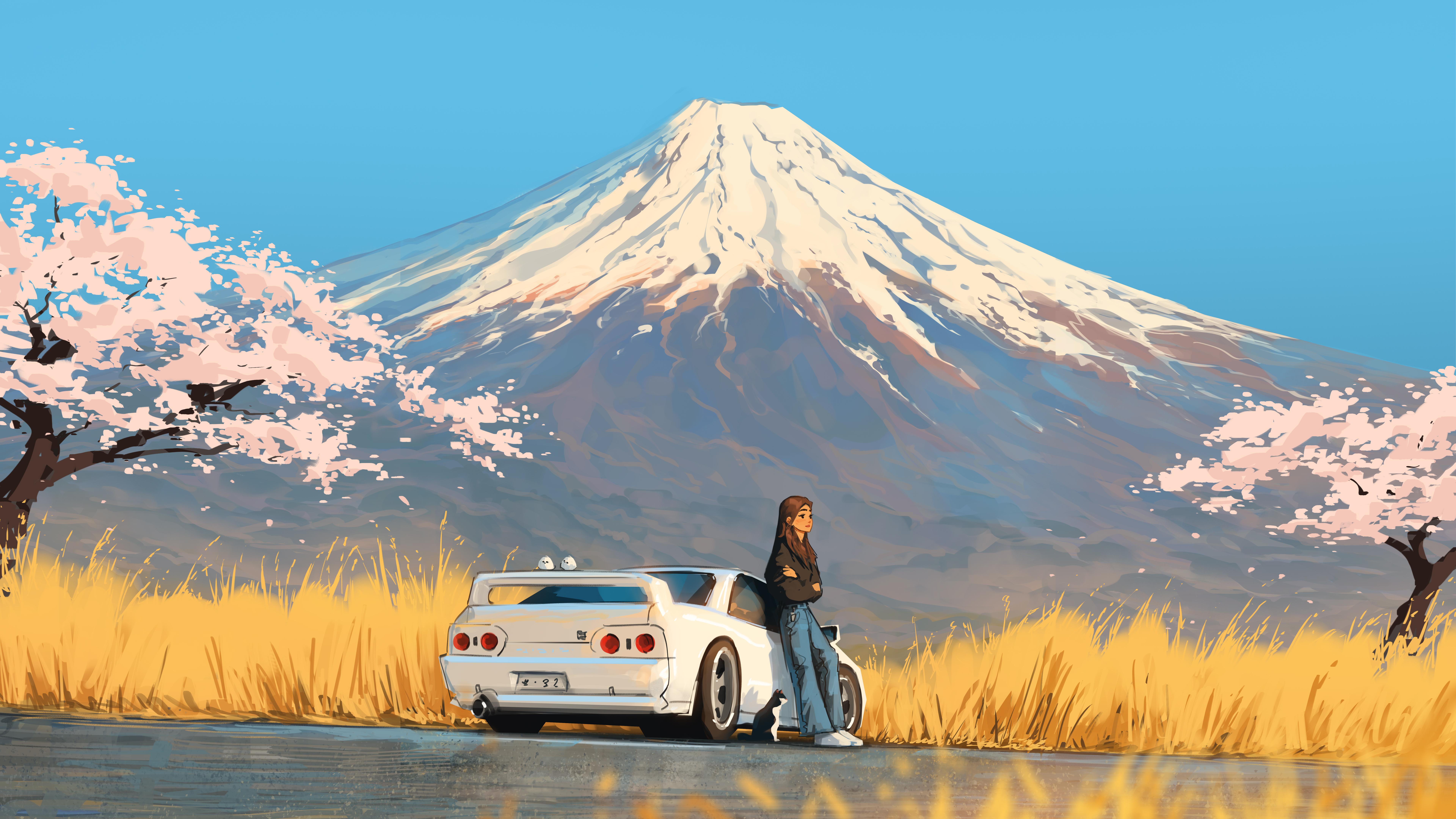 Mount Fuji, Jdm Car, Anime, Cherry Blossoms Wallpaper in 8K resolution (7680x4320) Mount Fuji, Jdm Car, Anime, Cherry Blossoms 8K Wallpaper Background (7680x4320)