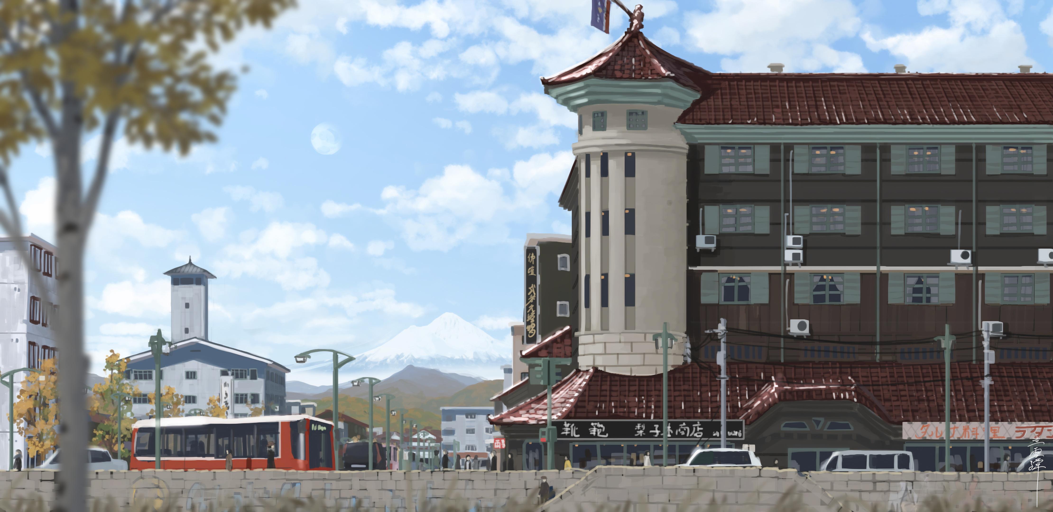 Mount Fuji Town View - 4K Background Mount Fuji Town View - Anime Illustration 4K Wallpaper (4440x2160)