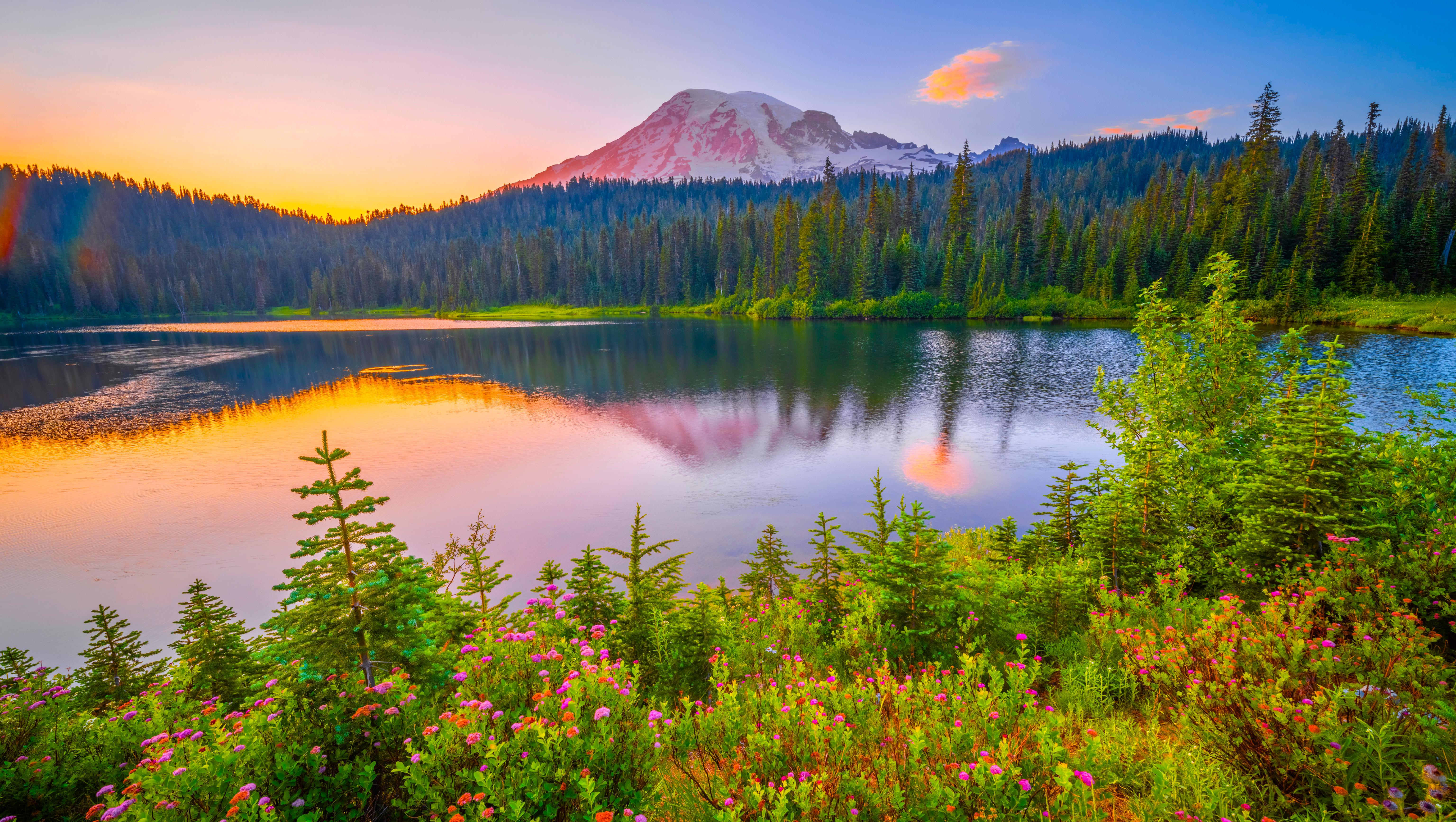 Mount Rainier At Reflection Lake - 5K Background Mount Rainier At Reflection Lake - Landscape Photography 5K Wallpaper (6144x3469)