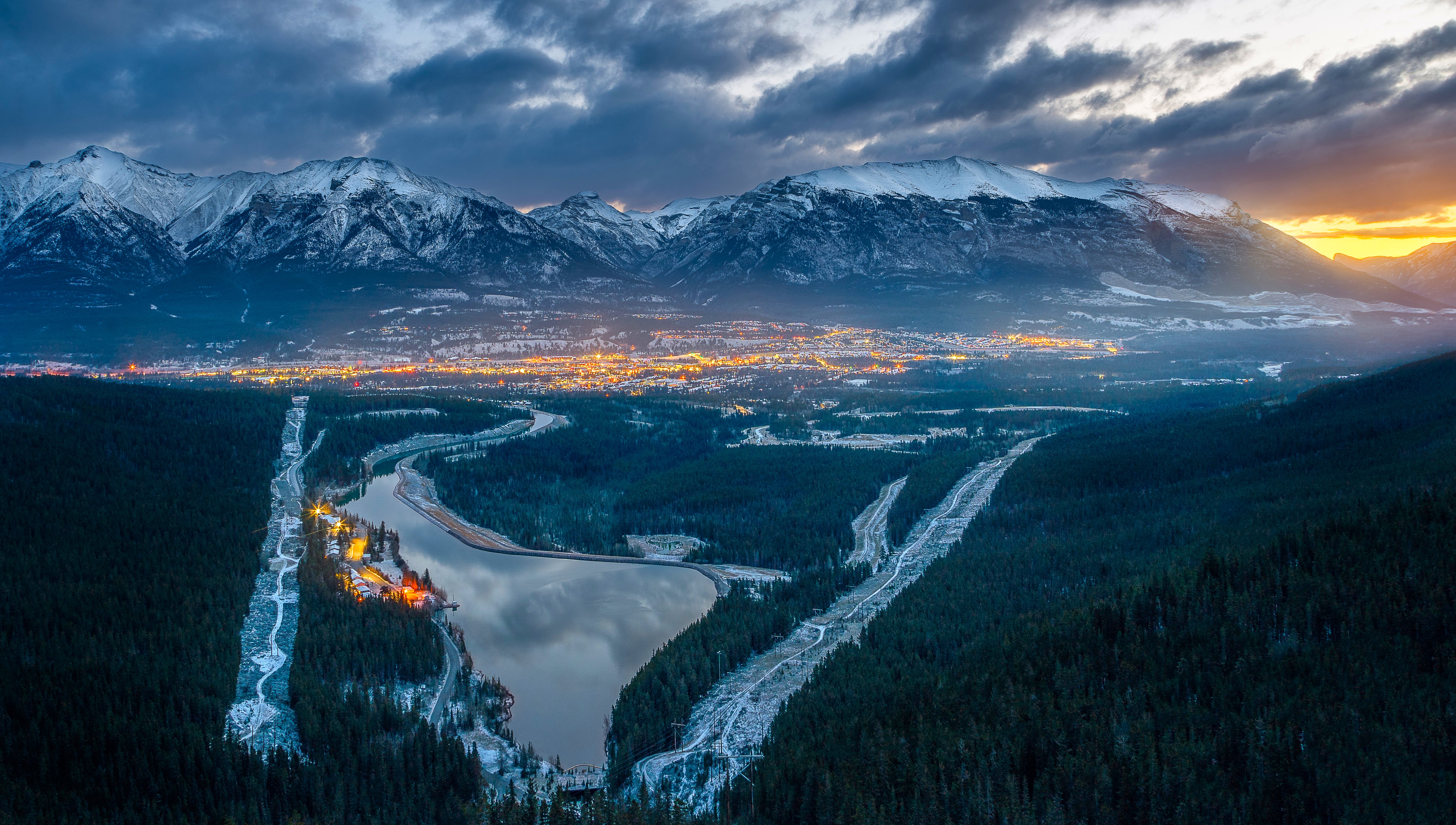 Mountain Landscape, City Lights, Snowy Peaks, Aerial View Wallpaper in 5K resolution (5120x2900) Mountain Landscape, City Lights, Snowy Peaks, Aerial View 5K Wallpaper Background (5120x2900)
