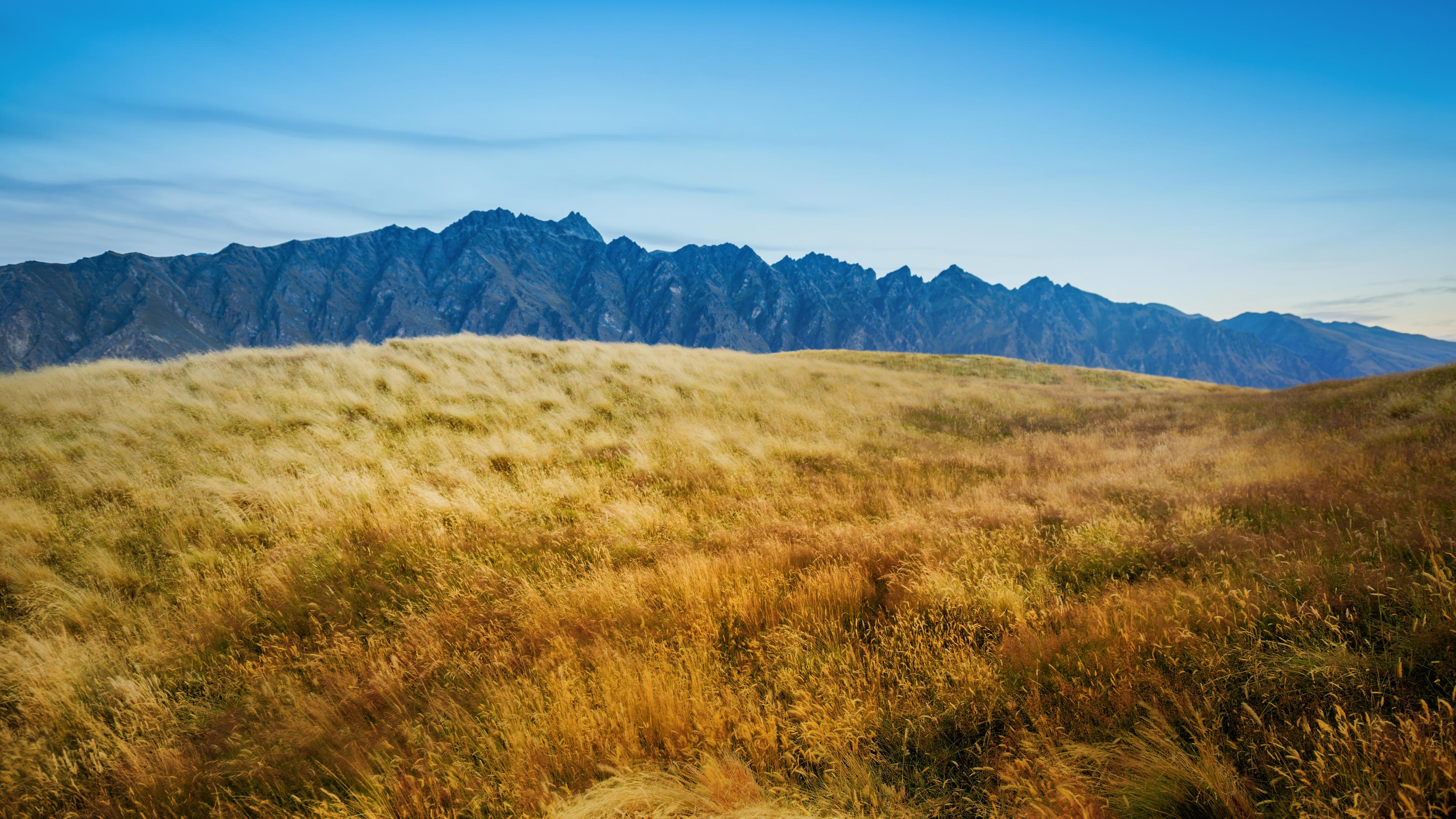 Mountain Landscape, Golden Grassland, Nature Scenery, Scenic View Wallpaper in 4K resolution (3840x2160) Mountain Landscape, Golden Grassland, Nature Scenery, Scenic View 4K Wallpaper Background (3840x2160)