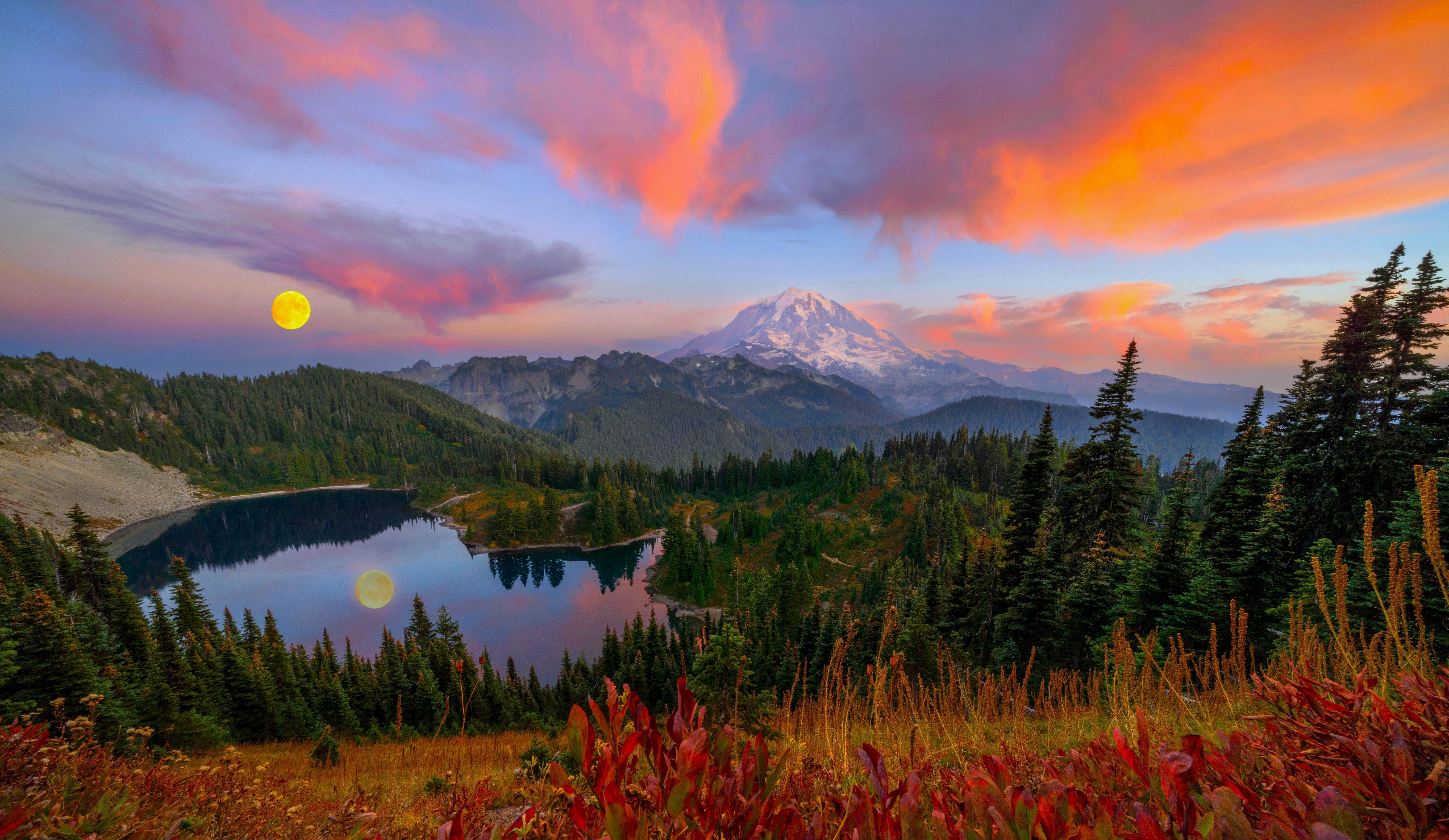 Mountain Landscape, Mount Rainier, Reflection Lake, Sunset Glow Wallpaper in 5K resolution (6144x3563) Mountain Landscape, Mount Rainier, Reflection Lake, Sunset Glow 5K Wallpaper Background (6144x3563)
