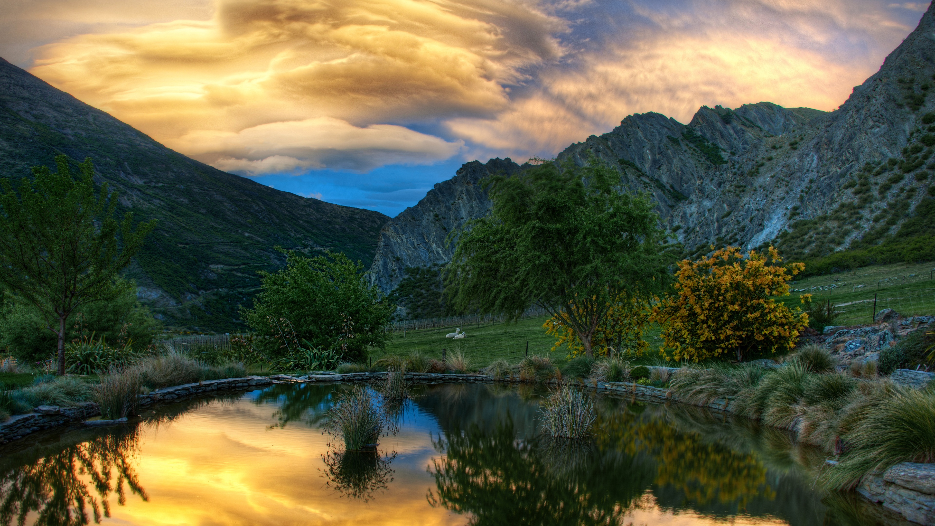 Mountain Landscape, Pond Reflection, Nature Scenery, Golden Hour Wallpaper in 4K resolution (3840x2160) Mountain Landscape, Pond Reflection, Nature Scenery, Golden Hour 4K Wallpaper Background (3840x2160)