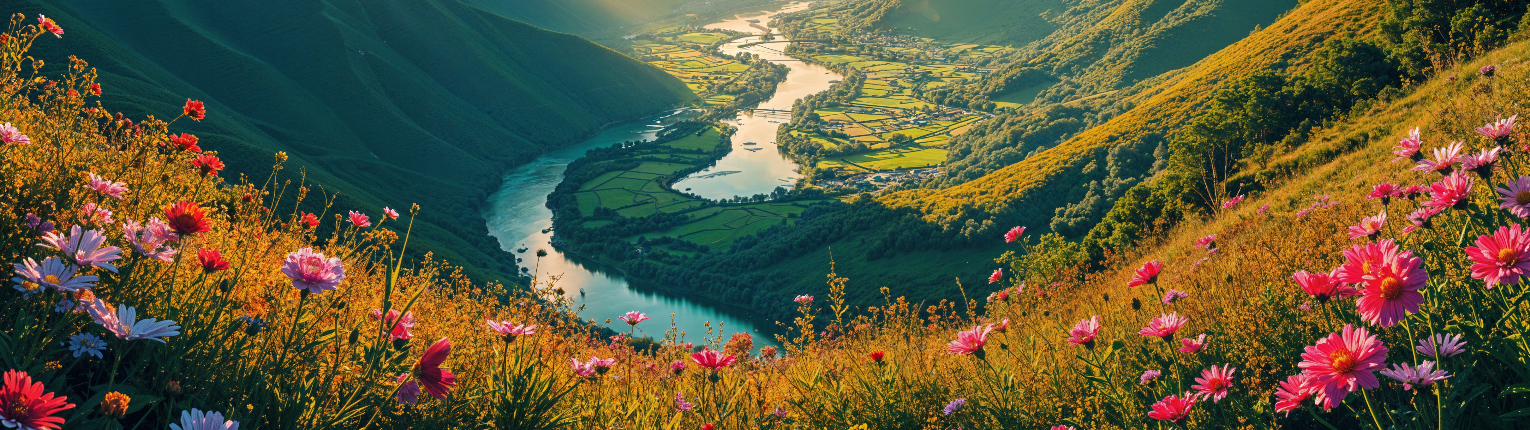 Mountain Landscape, River Valley, Flower Meadow, Scenic View Wallpaper in 2K resolution (5120x1440) Mountain Landscape, River Valley, Flower Meadow, Scenic View 2K Wallpaper Background (5120x1440)