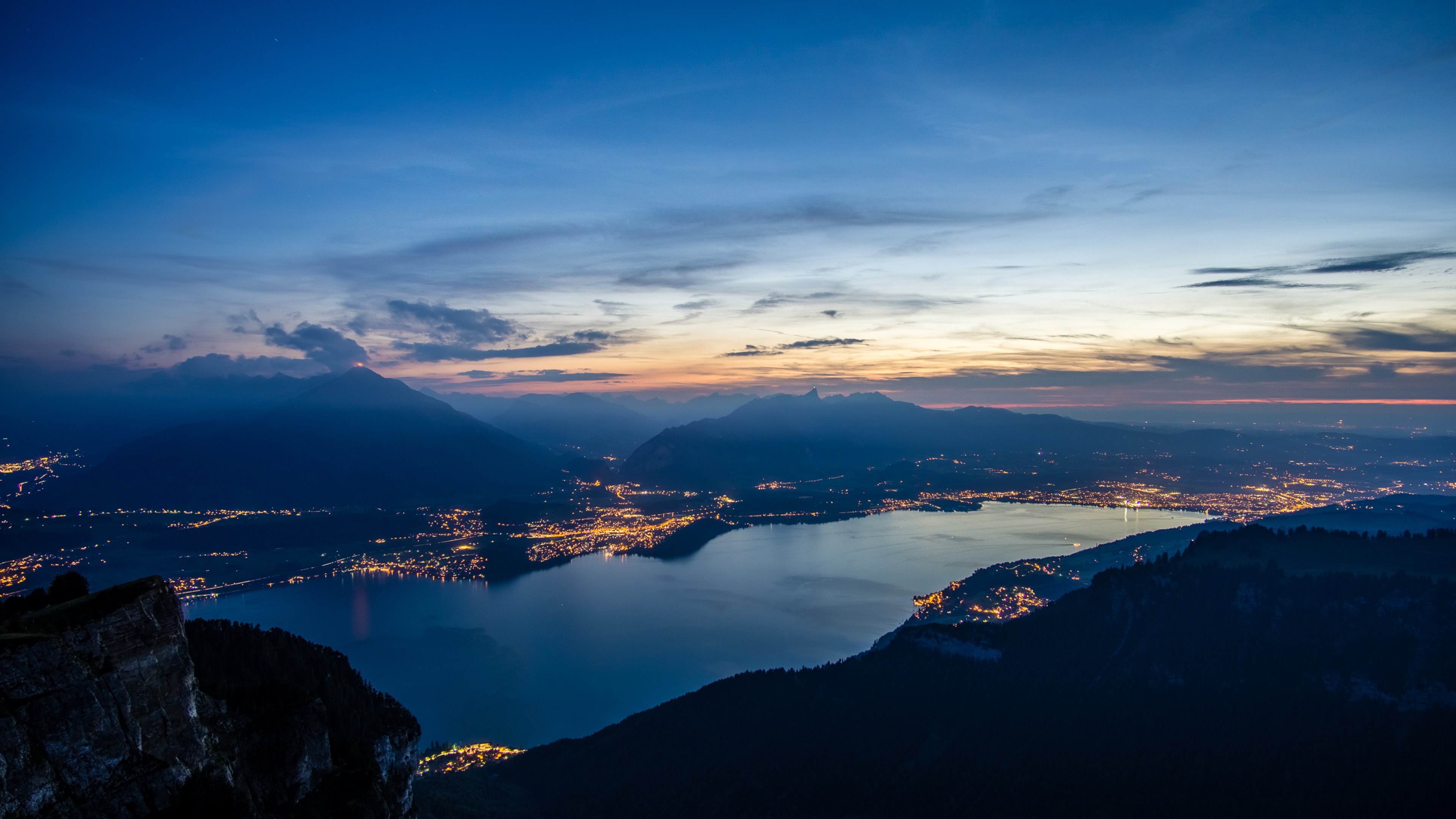 Mountainscape, Lake, Sunset, Cityscape Wallpaper in 4K resolution (3840x2160) Mountainscape, Lake, Sunset, Cityscape 4K Wallpaper Background (3840x2160)