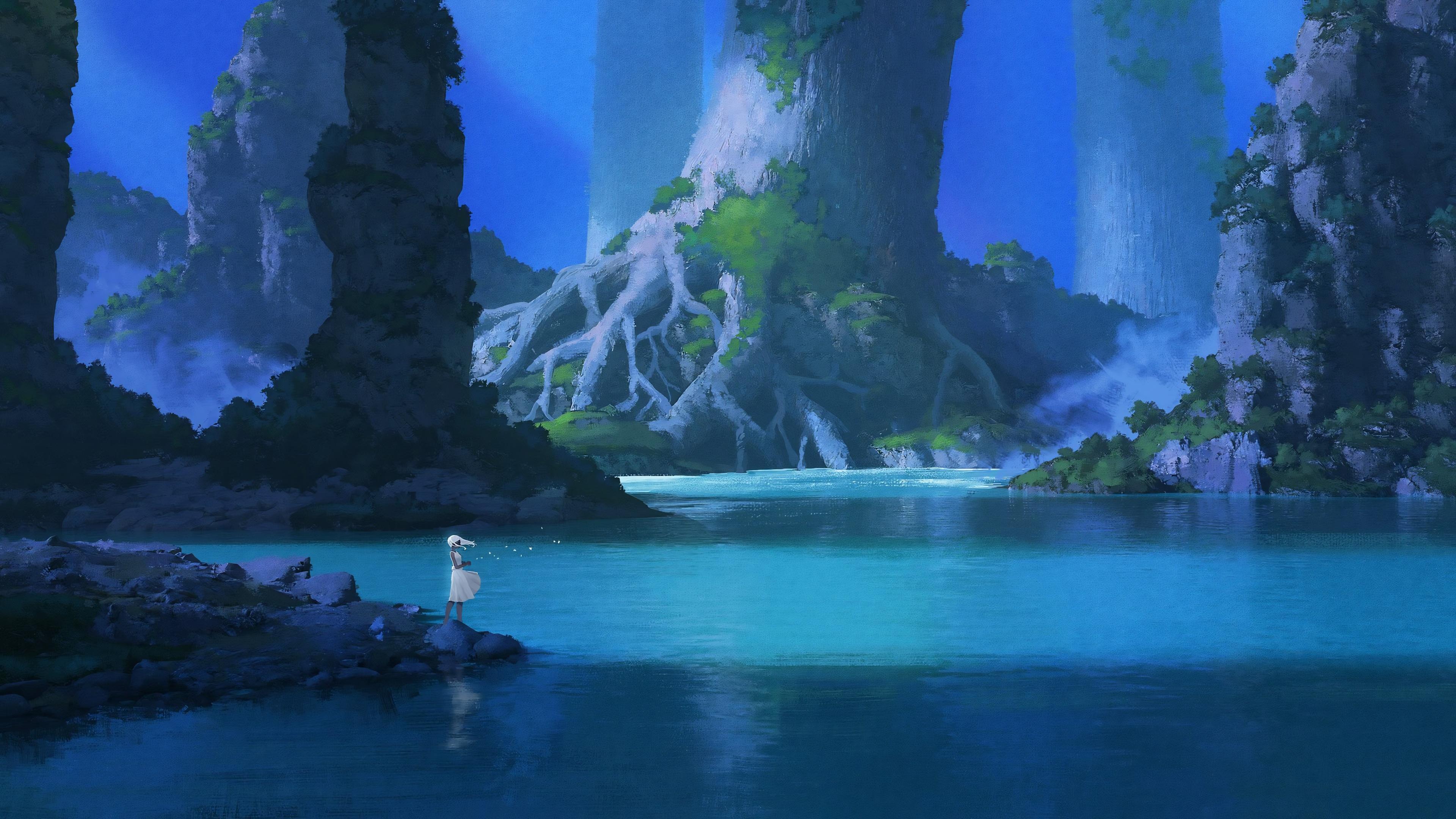 Mystical Blue Valley Lagoon - 4K Background Mystical Blue Valley Lagoon - Fantasy Concept Art 4K Wallpaper (3840x2160)