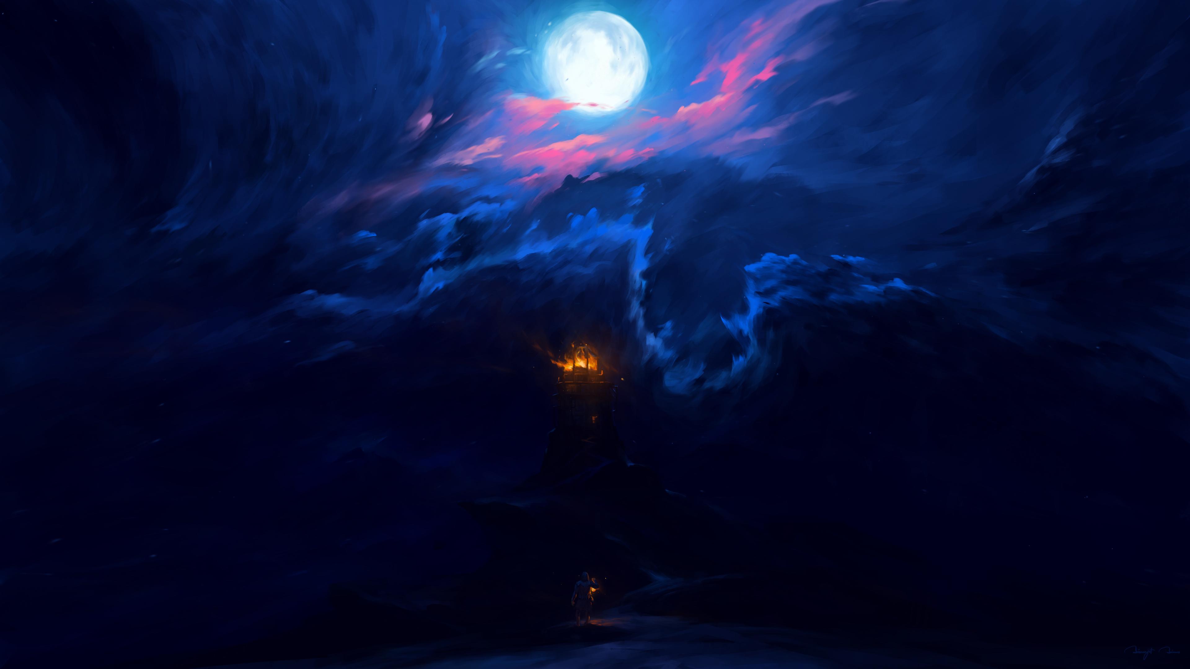 Mystical Tower Under Full Moon - 4K Background Mystical Tower Under Full Moon - Fantasy Digital Art 4K Wallpaper (3840x2160)