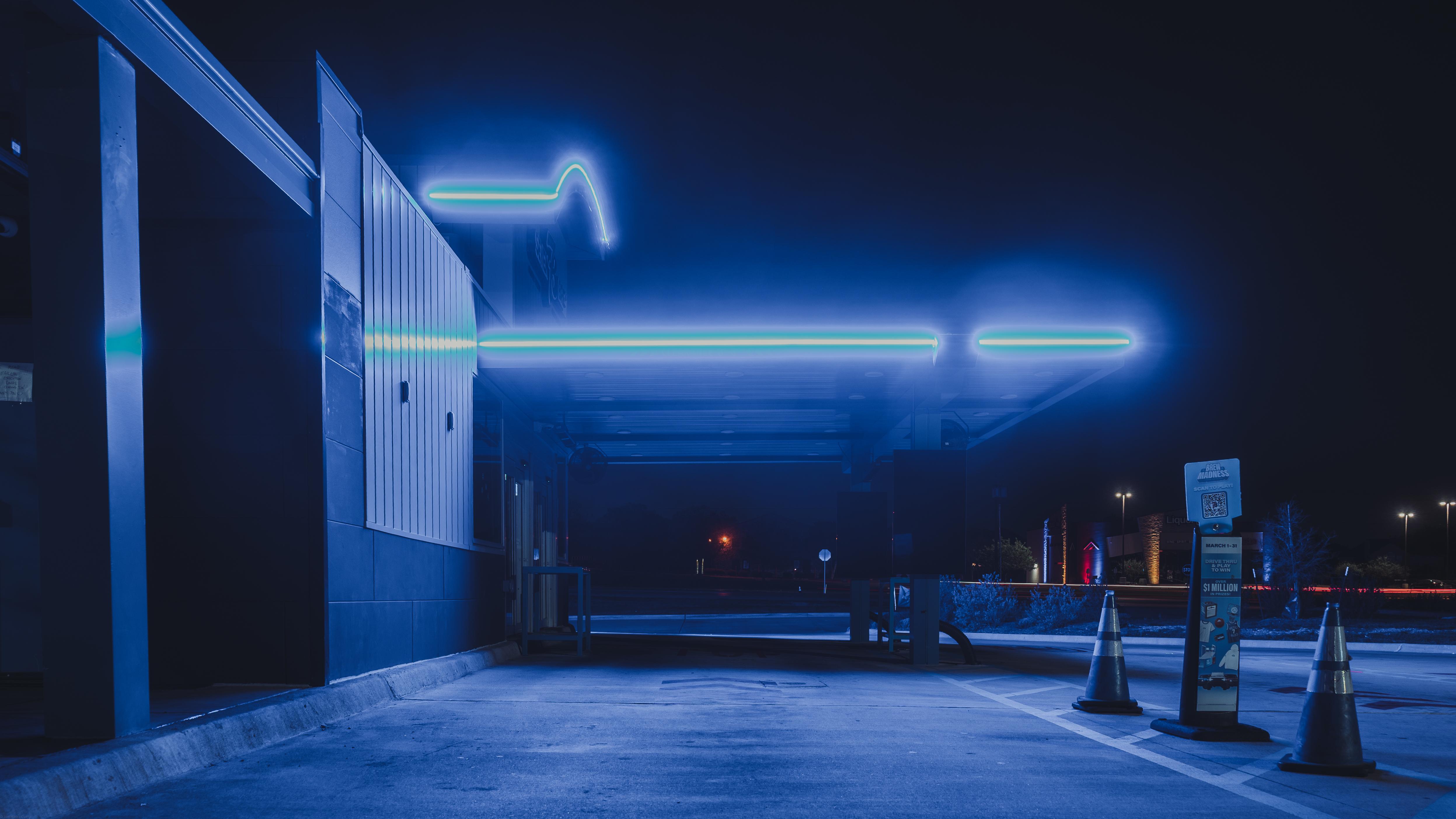 Neon Blue Drive Thru - 4K Background Neon Blue Drive Thru - Night Photography 4K Wallpaper (4989x2806)