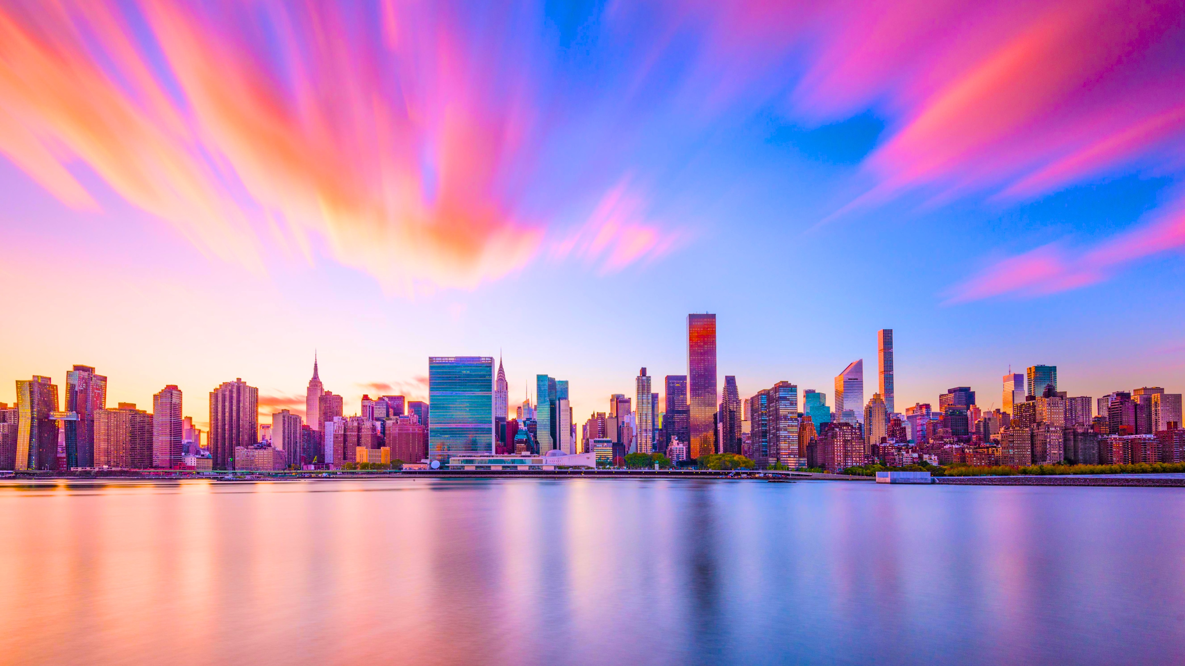 New York City, Manhattan Skyline, Sunset, Cityscape, Skyscrapers Wallpaper in 4K resolution (3840x2160) New York City, Manhattan Skyline, Sunset, Cityscape, Skyscrapers 4K Wallpaper Background (3840x2160)