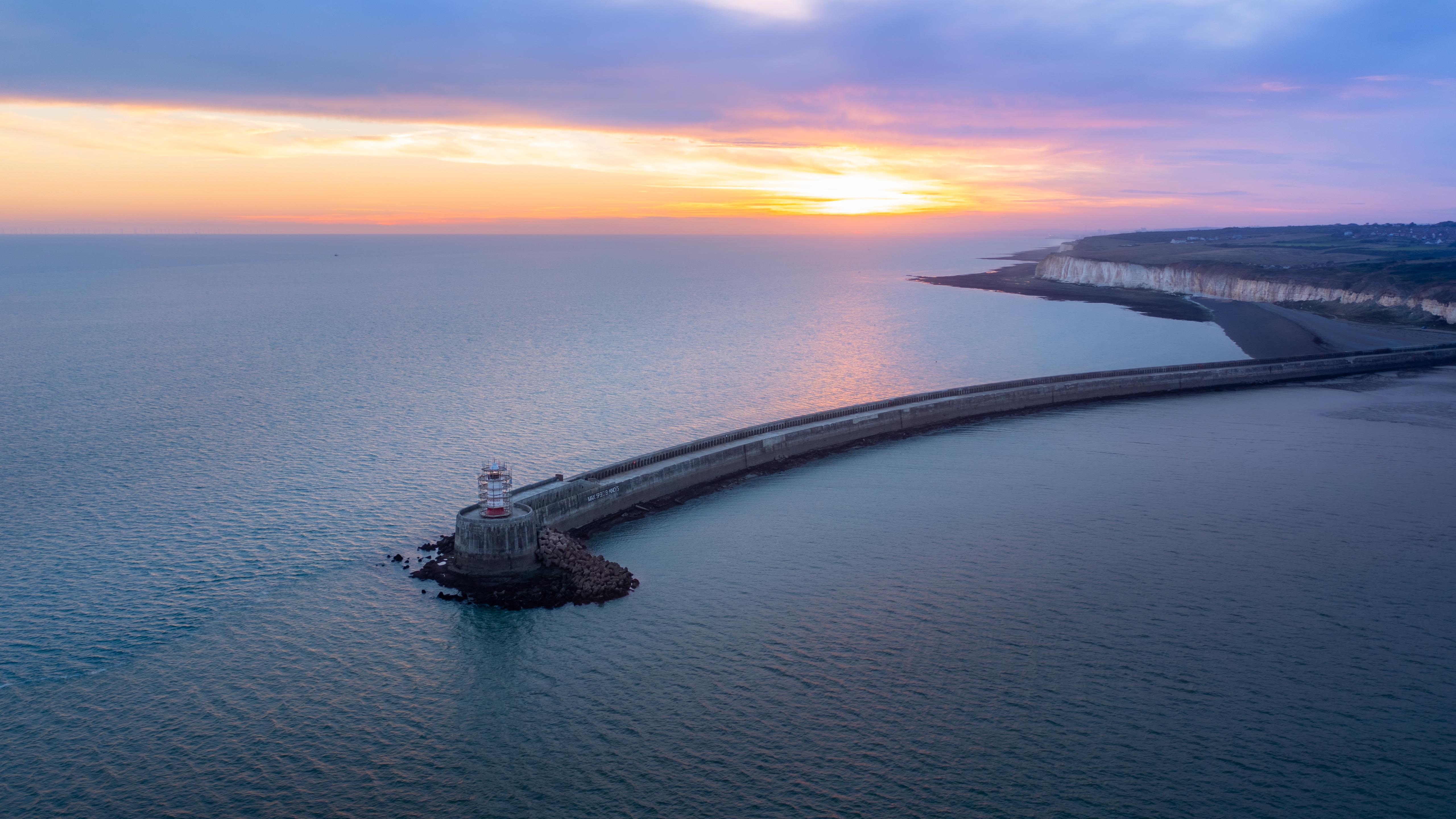 Newhaven Breakwater at Sunset - 5K Background Newhaven Breakwater at Sunset - Aerial Landscape Photography 5K Wallpaper (5120x2880)