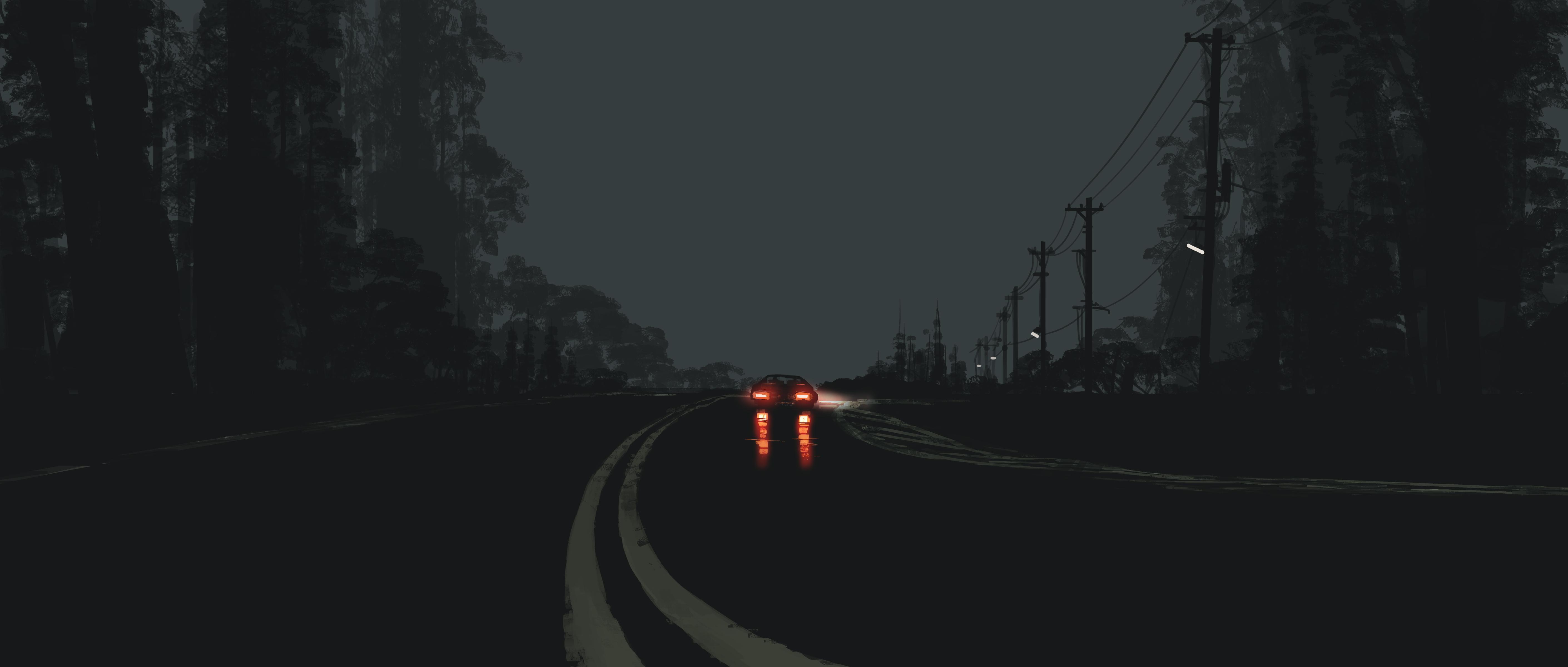 Night Drive, Dark Road, Moody, Car Lights Wallpaper in 4K resolution (5640x2400) Night Drive, Dark Road, Moody, Car Lights 4K Wallpaper Background (5640x2400)
