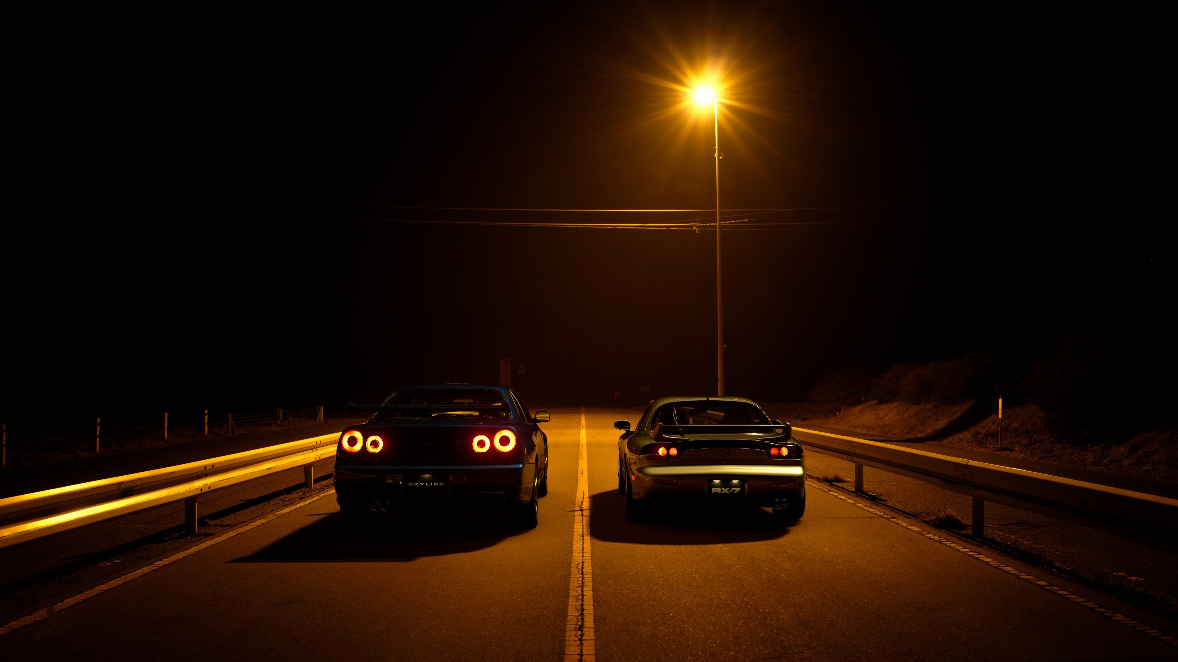 Night Drive, Jdm Cars, Mazda Rx7, Nissan Skyline Wallpaper in 4K resolution (3840x2160) Night Drive, Jdm Cars, Mazda Rx7, Nissan Skyline 4K Wallpaper Background (3840x2160)
