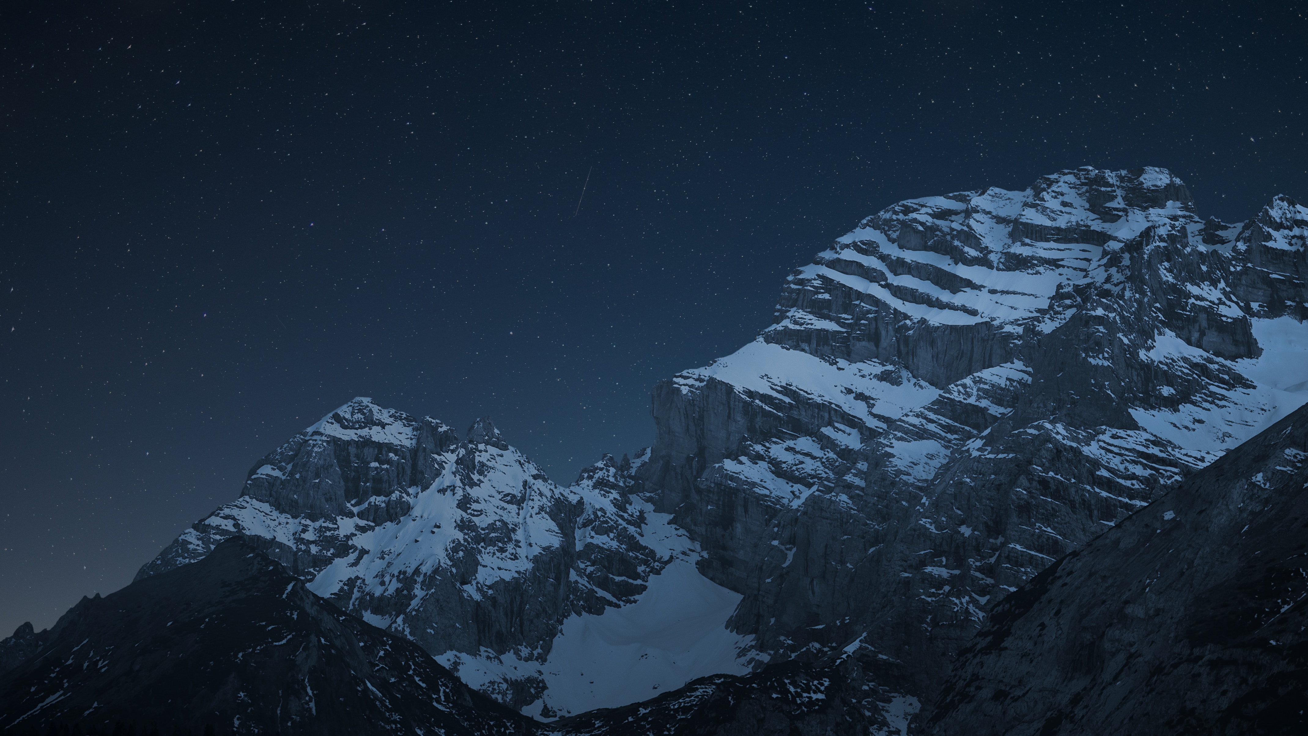Night Sky, Mountains, Starry Night, Snow Capped Mountains Wallpaper in 4K resolution (4278x2407) Night Sky, Mountains, Starry Night, Snow Capped Mountains 4K Wallpaper Background (4278x2407)