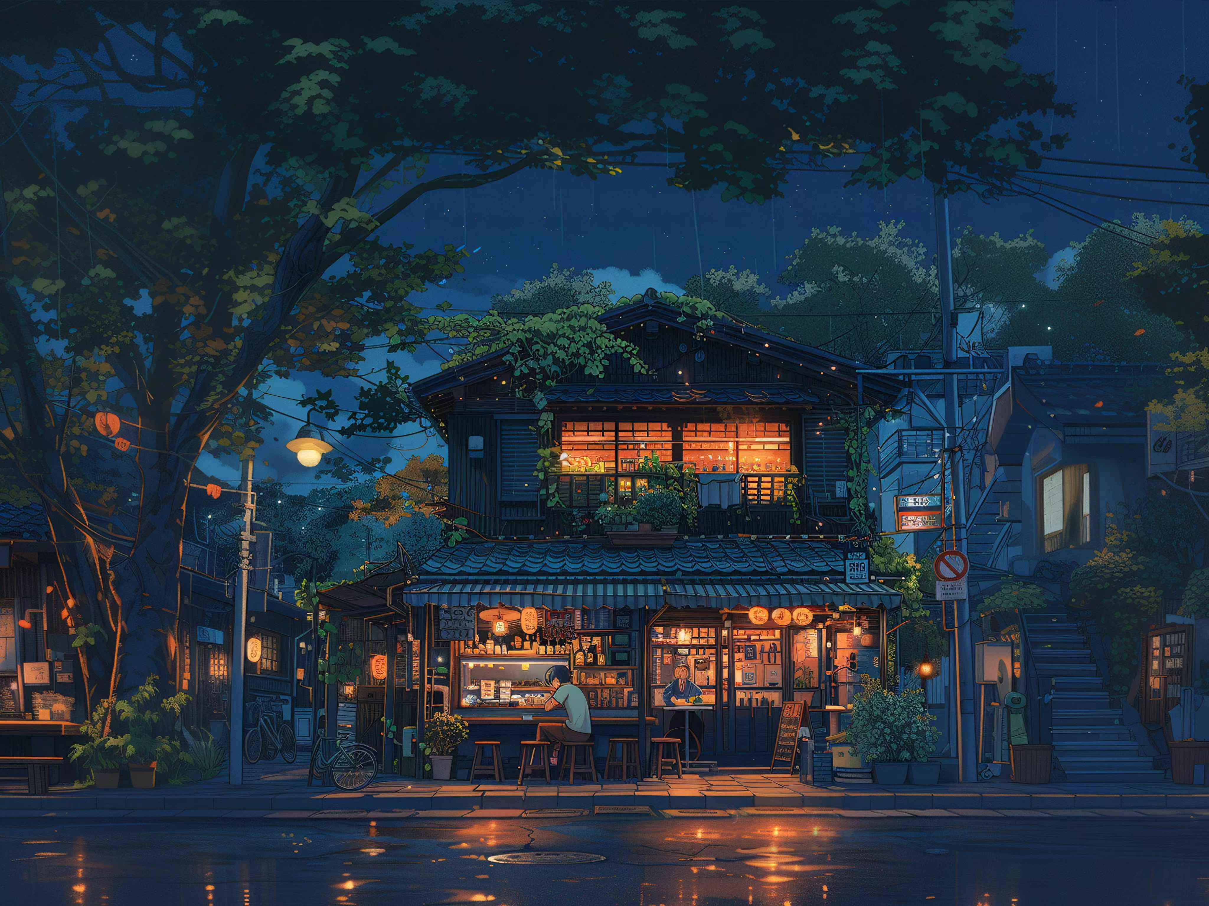 Night Street, Anime Scenery, Cityscape, Rainy Night Wallpaper in 4K resolution (4096x3070) Night Street, Anime Scenery, Cityscape, Rainy Night 4K Wallpaper Background (4096x3070)