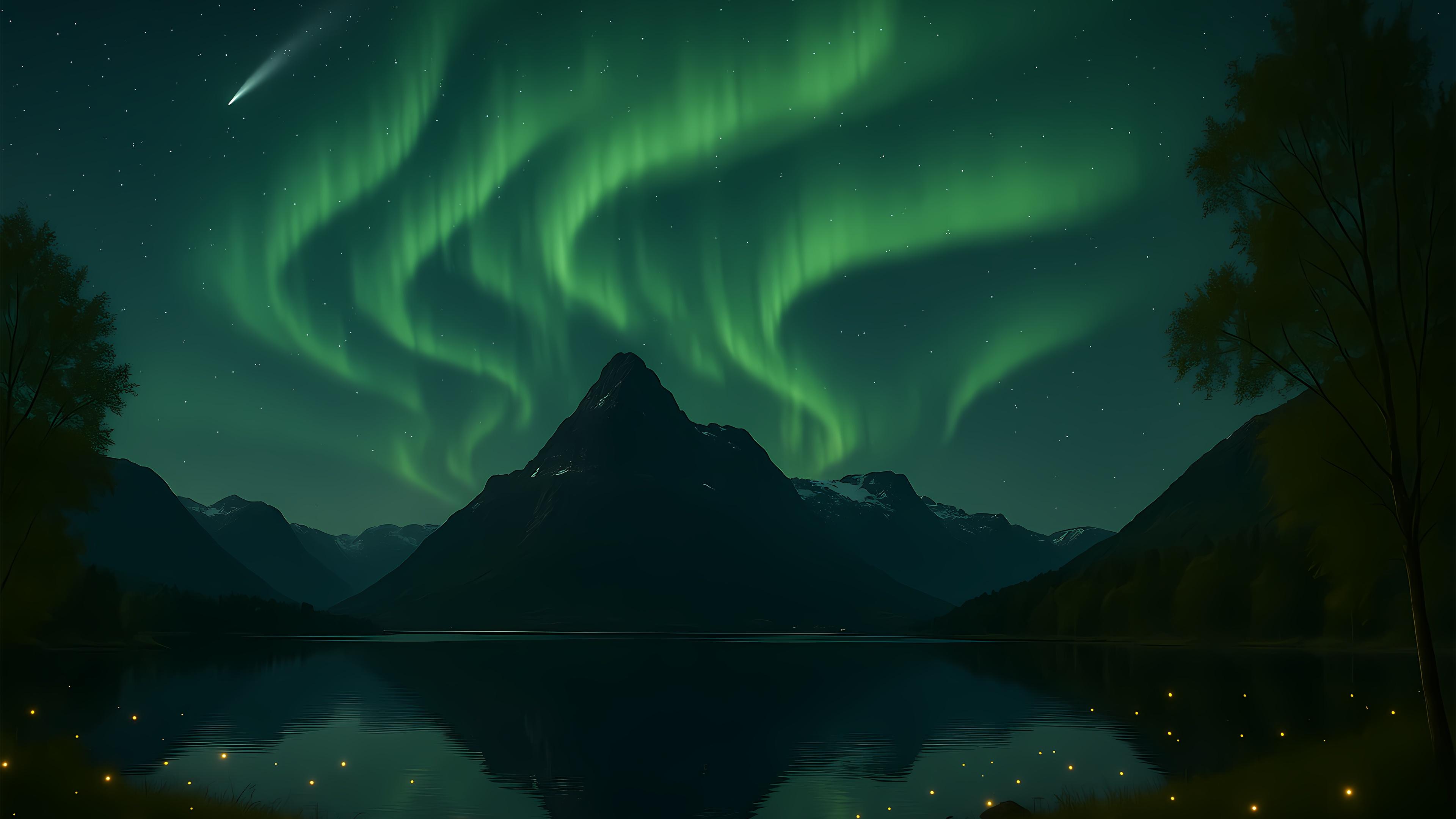 Northern Lights, Aurora Borealis, Night Sky, Mountain Landscape Wallpaper in 4K resolution (3840x2160) Northern Lights, Aurora Borealis, Night Sky, Mountain Landscape 4K Wallpaper Background (3840x2160)