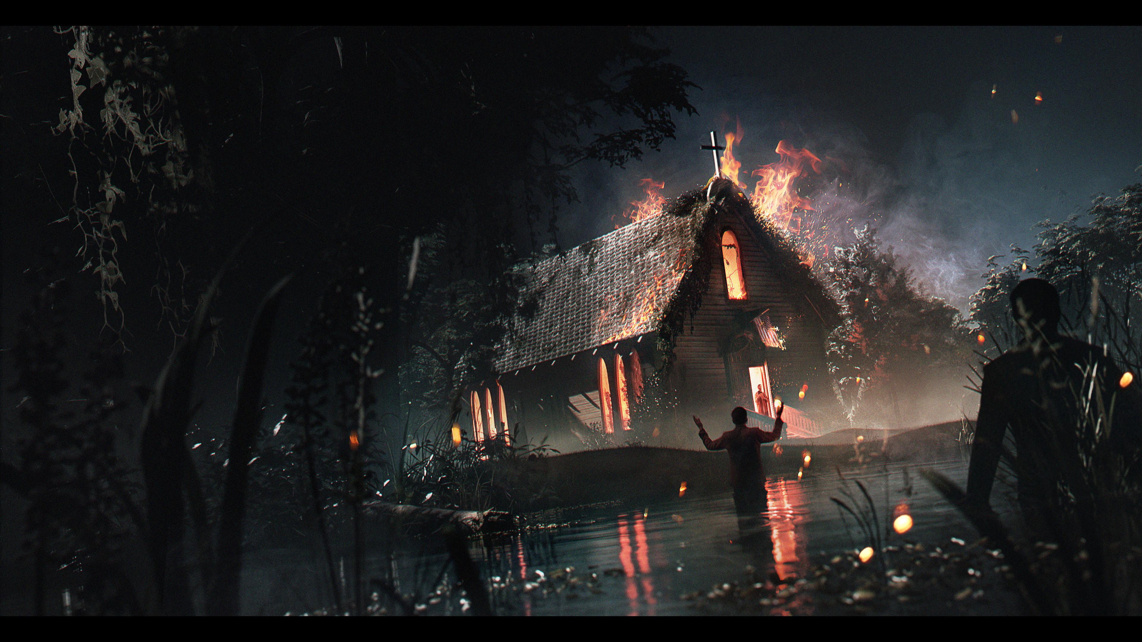 Outlast Two Burning Church - 4K Background Outlast Two Burning Church - Digital Art 4K Wallpaper (3840x2160)