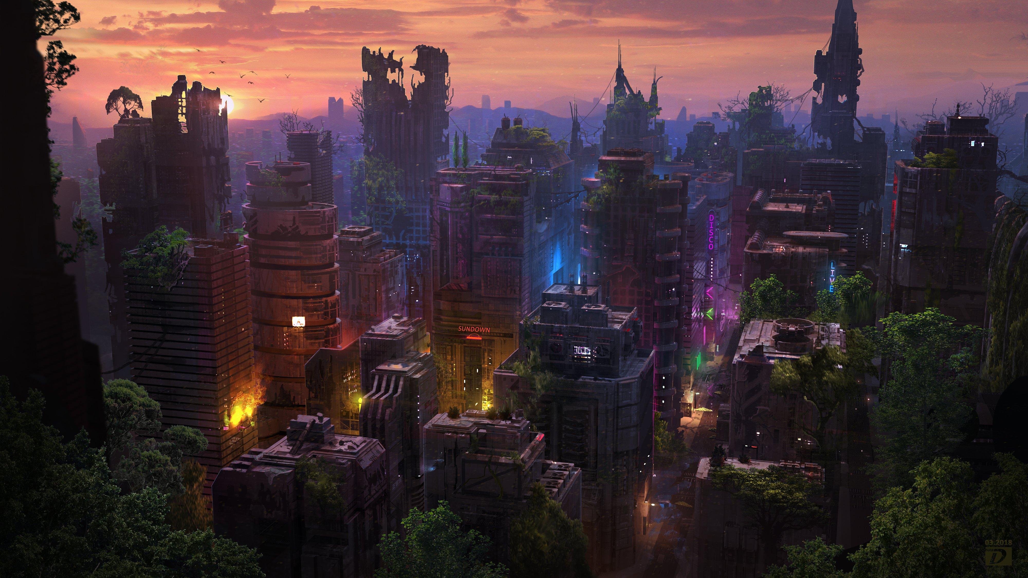Overgrown Post Apocalyptic City Sunset - 4K Background Overgrown Post Apocalyptic City Sunset - Digital Concept Art 4K Wallpaper (4000x2249)