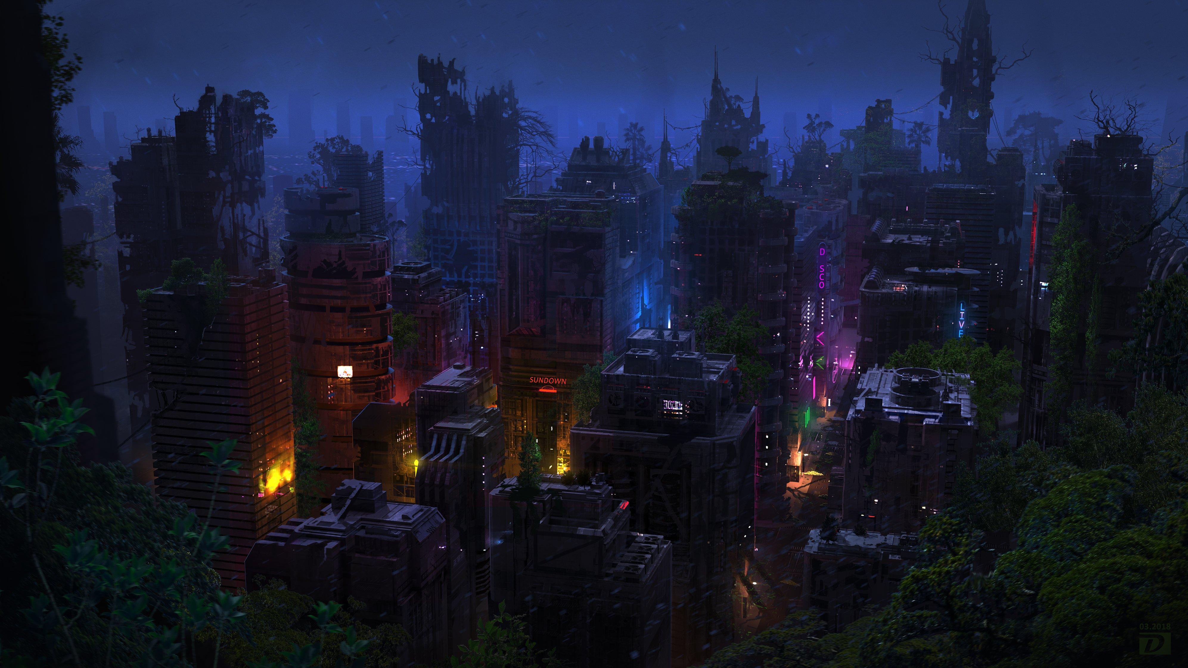 Overgrown Ruined City At Night - 4K Background Overgrown Ruined City At Night - Digital Concept Art 4K Wallpaper (3987x2242)