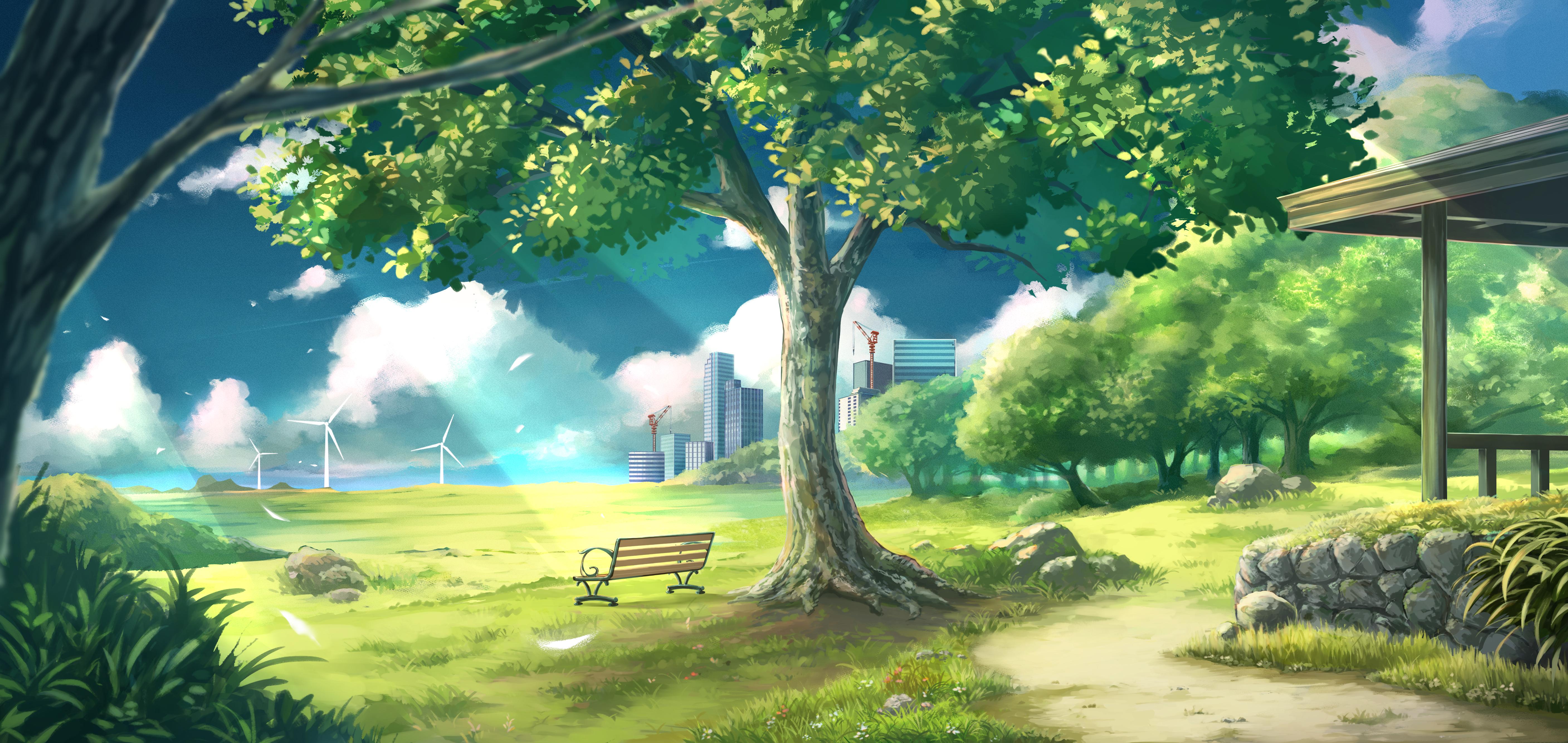 Park Bench Overlooking Modern City - 4K Background Park Bench Overlooking Modern City - Anime Landscape Art 4K Wallpaper (5629x2667)