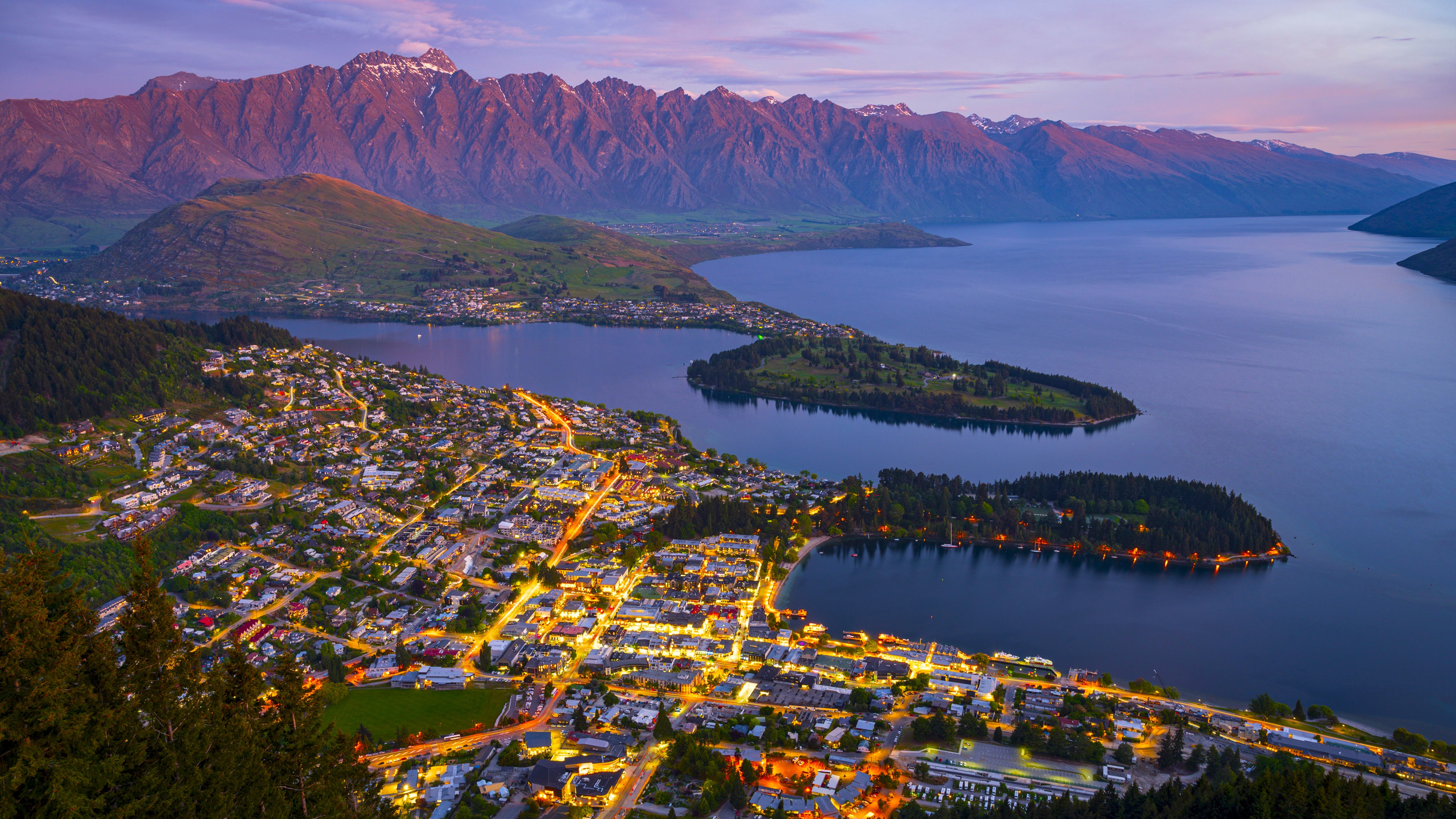 Queenstown, New Zealand, Lake Wakatipu, Aerial View Wallpaper in 5K resolution (5120x2880) Queenstown, New Zealand, Lake Wakatipu, Aerial View 5K Wallpaper Background (5120x2880)
