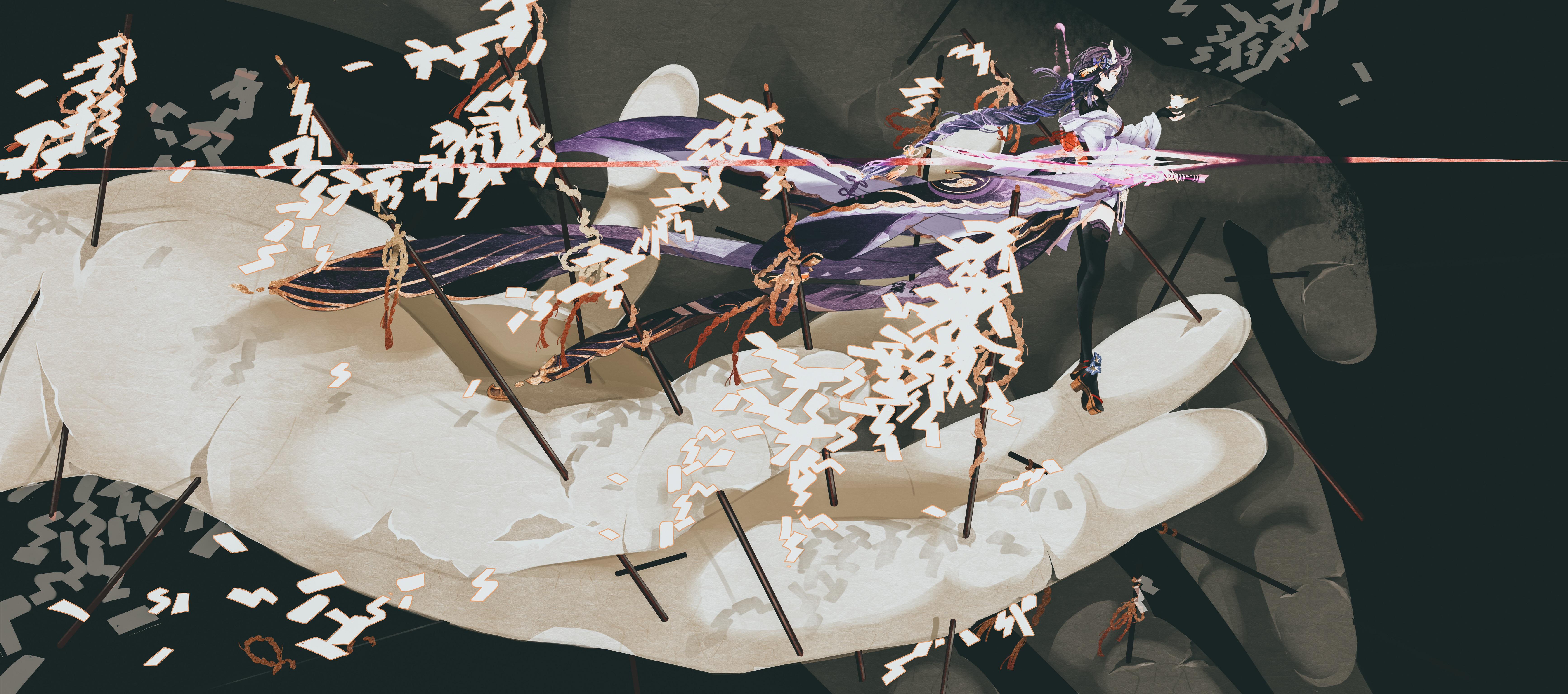 Raiden Shogun Standing On Hand - 5K Background Raiden Shogun Standing On Hand - Digital Illustration 5K Wallpaper (6936x3072)