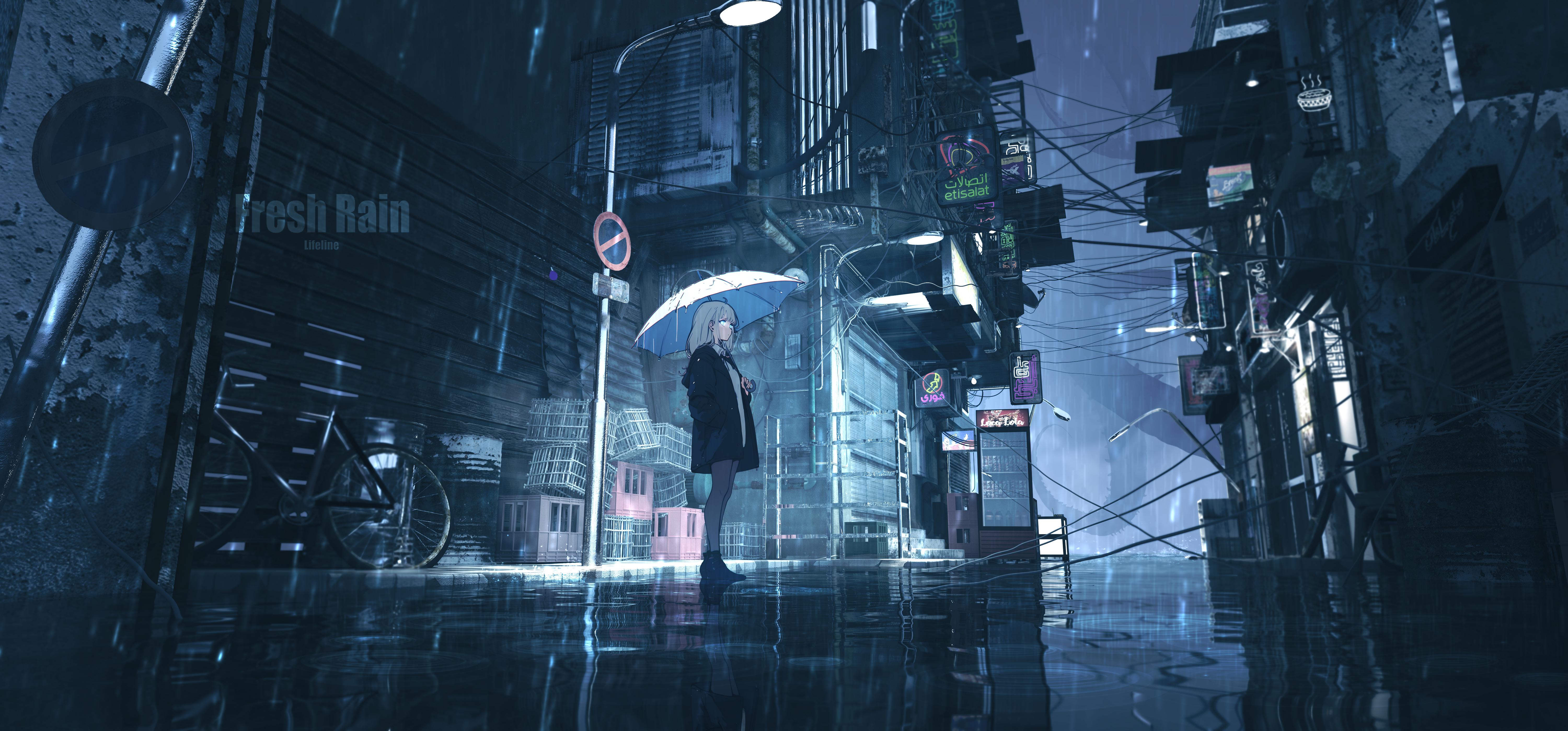 Rainy City, Cyberpunk, Anime Girl, Urban Scene Wallpaper in 4K resolution (6000x2800) Rainy City, Cyberpunk, Anime Girl, Urban Scene 4K Wallpaper Background (6000x2800)