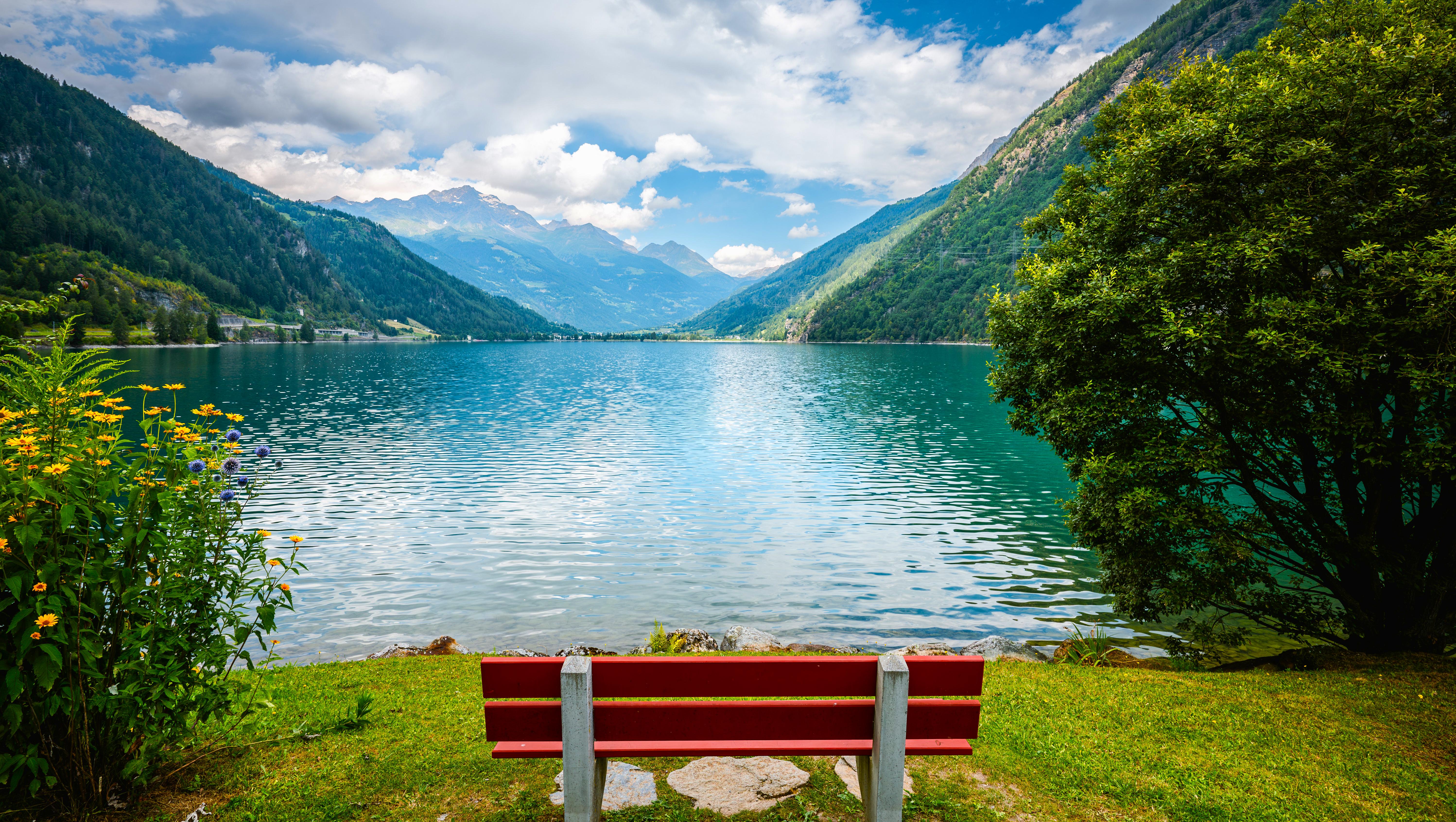 Red Bench by Alpine Lake - 5K Background Red Bench by Alpine Lake - Landscape Photography 5K Wallpaper (5992x3383)