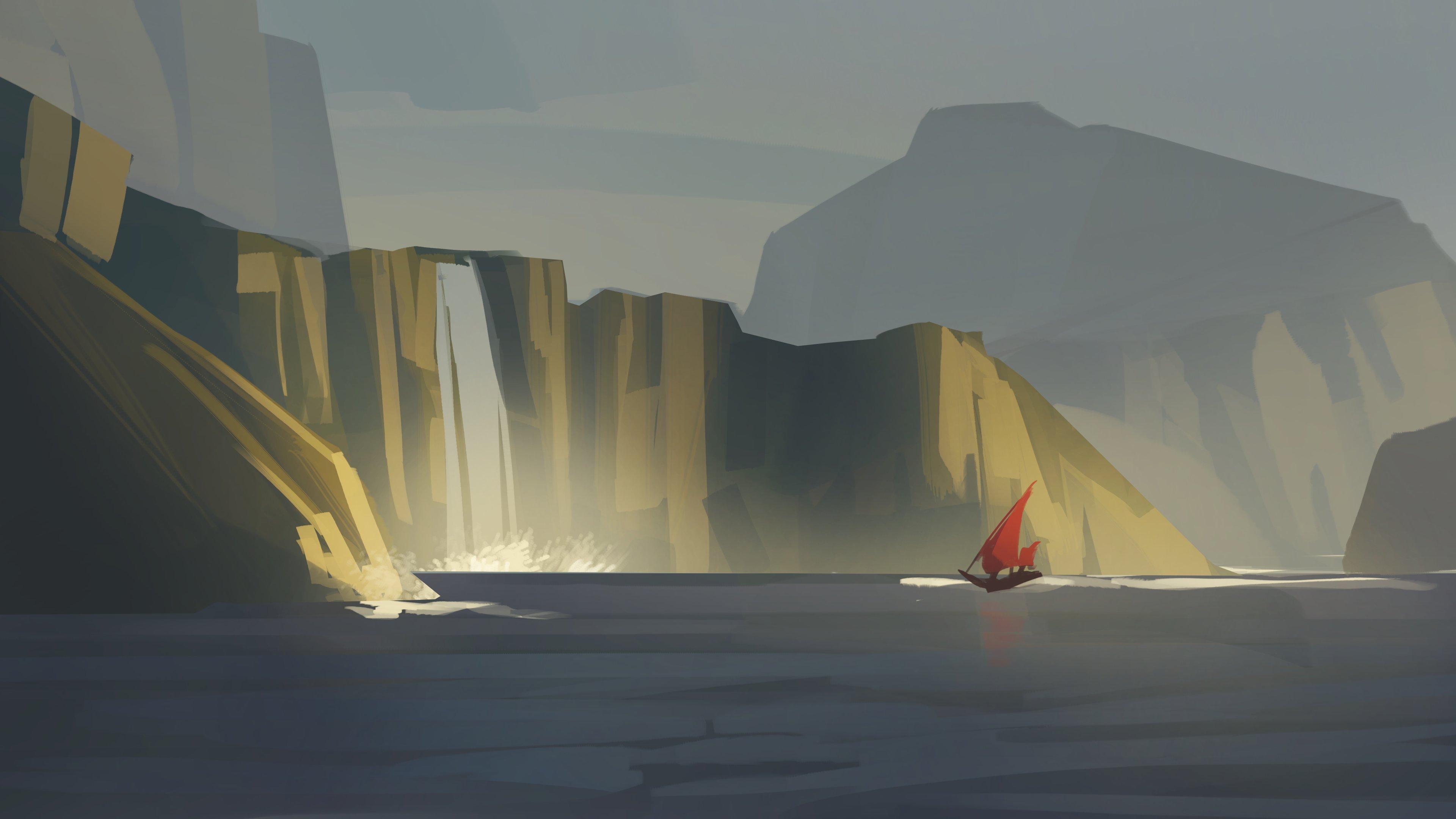 Red Sail Boat Near Waterfall - 4K Background Red Sail Boat Near Waterfall - Digital Painting 4K Wallpaper (3840x2160)